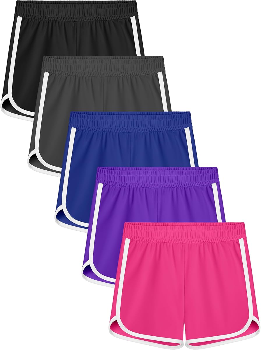Resinta 5 paquetes de pantalones cortos deportivos para niñas, pantalones cortos deportivos de fútbol para niños, pantalones cortos de secado rápido para correr en el gimnasio