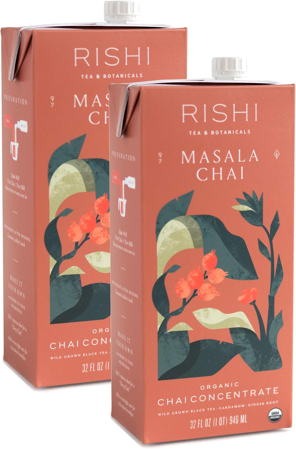 Rishi Tea Masala Chai Concentrate Beverage | Immune Support, USDA Certified Organic, Fair Trade Black Tea, Antioxidants, Energy-Boosting | 32 oz Carton, 8 Servings (Pack of 2)