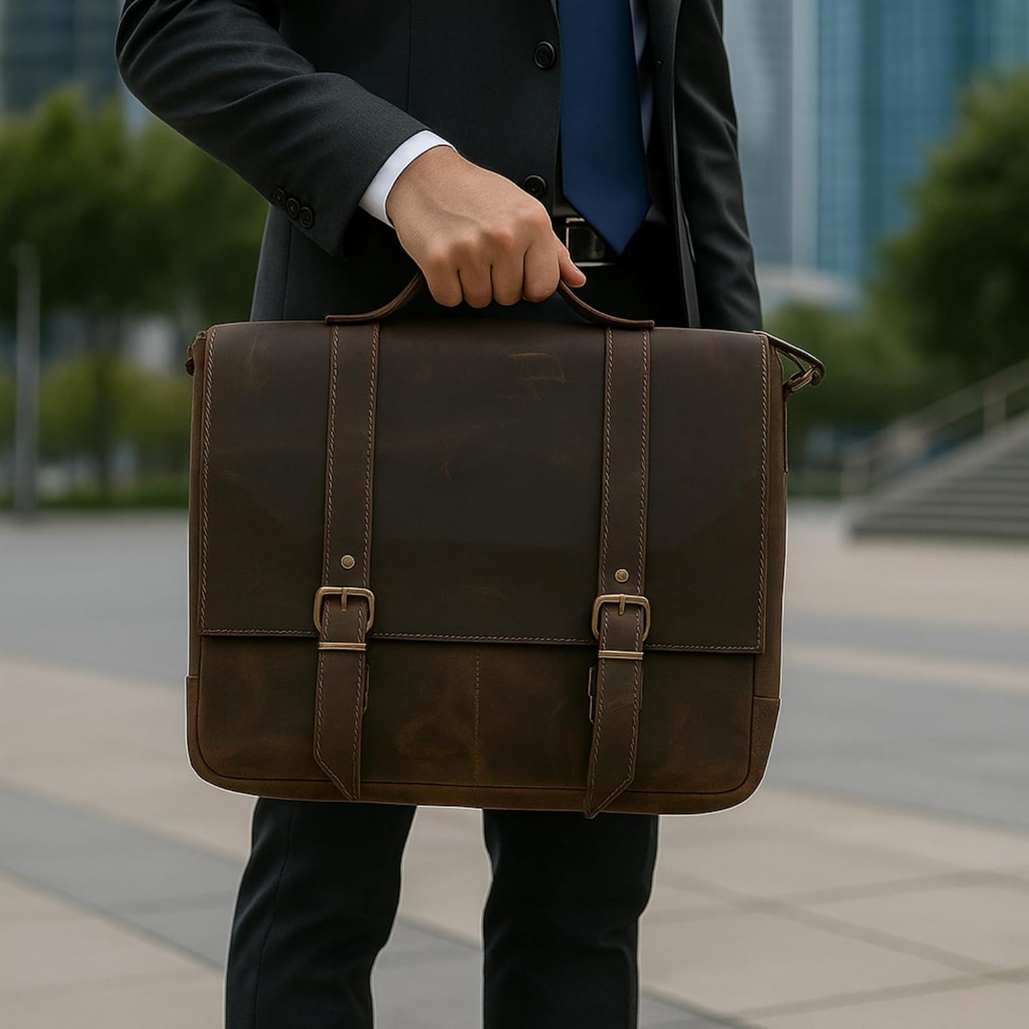 Vintage Leather Briefcase for Men – Full Grain Crazy Horse Leather Messenger Bag – 15" Laptop Compatible – Handmade Business Satchel (Dark Brown) - Image 3