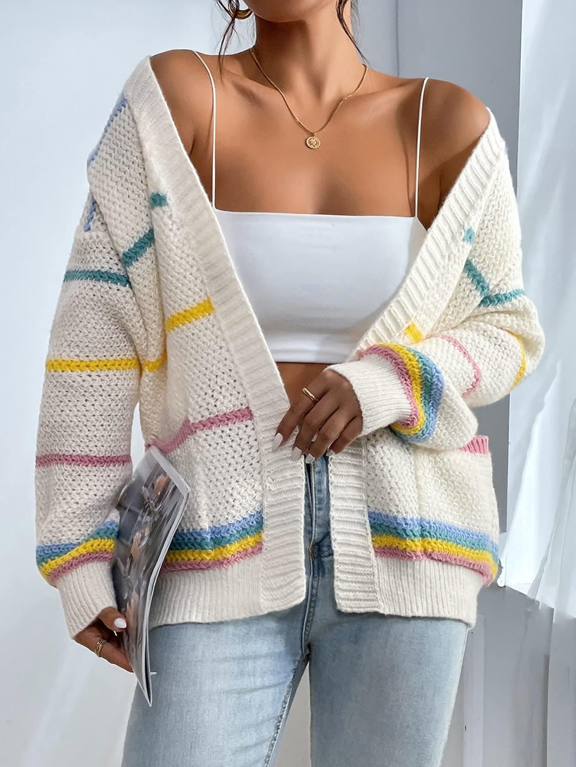 SHENHE Women's Open Front Colorful Striped Drop Shoulder Oversized Cardigan Sweater - Image 5