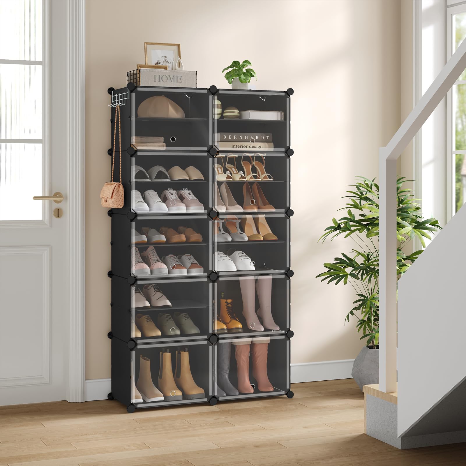 WOLTU Schuhregal, Schuhschrank mit 10 Fächern, Platzsparend, Mit Haken, Schuhablage Kunststoff, für Flur Schlafzimmer Eingang, Schuhaufbewahrung für 40 Paar Schuhe,Bis Größe 44, Schwarz