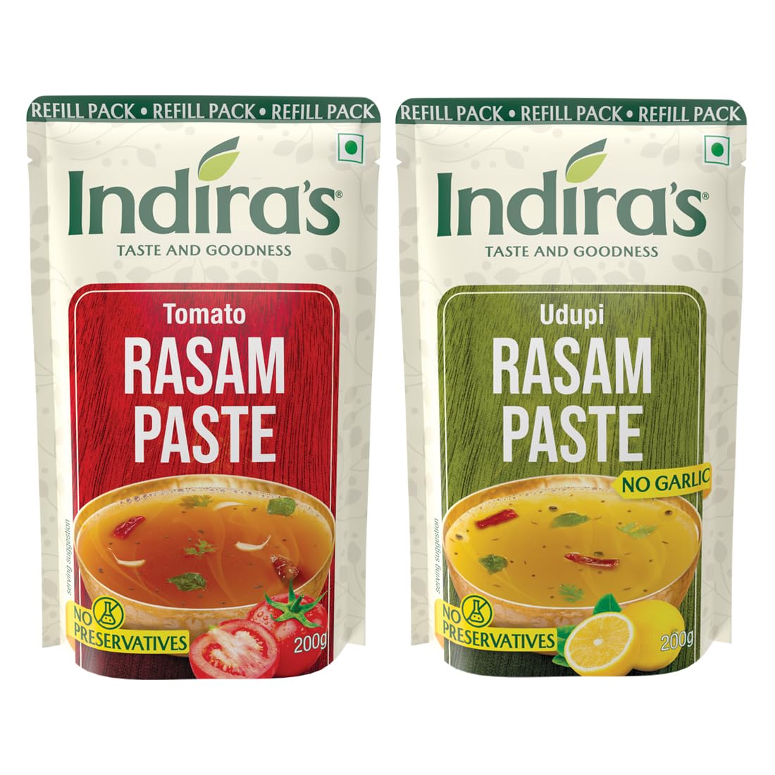 Indira's Instant Rasam Paste Combo Pack of 2 - More Flavourful than Rasam Powder, Just Add Hot Water - 2 Tasty Flavours - Tomato Rasam (200g) & Udupi Rasam (200g)