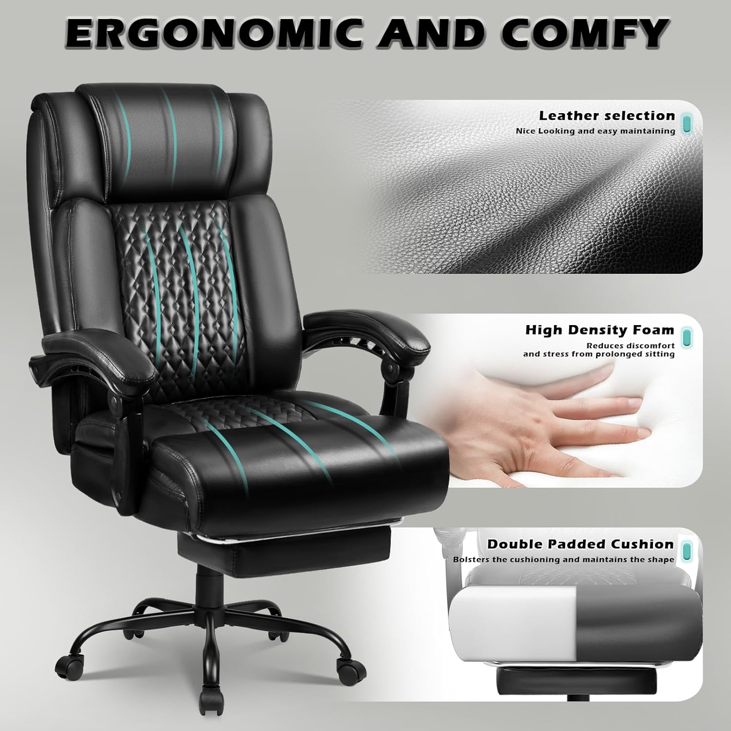 LEMBERI 400lbs Executive Office Chair with Foot Rest, Ergonomic Heavy Duty Big and Tall Desk Chair, High Back PU Leather Comfy Computer Chairs (Black) - Image 6