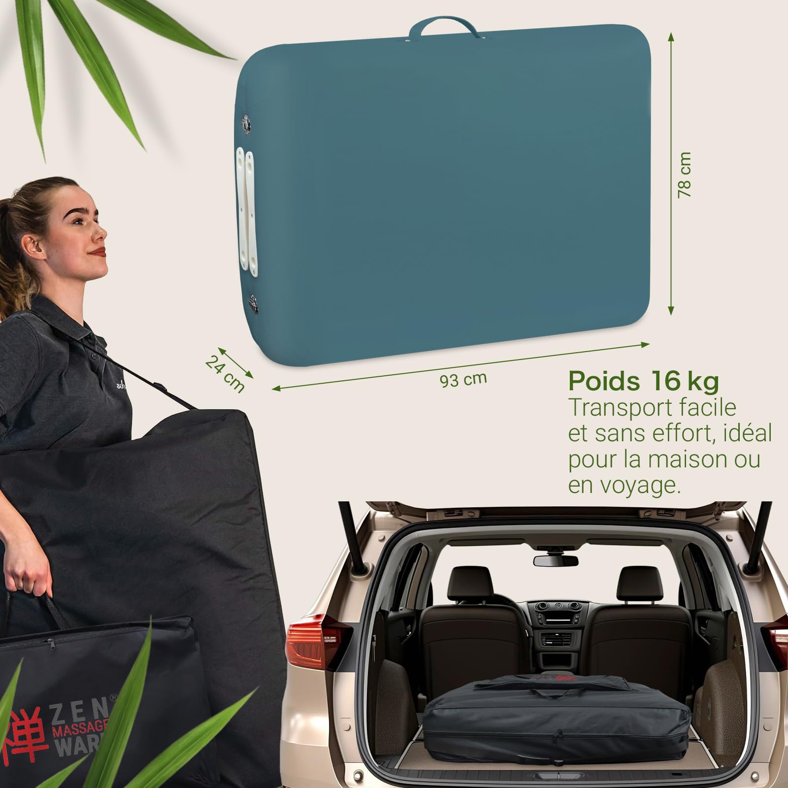 Zen Table de Massage Pliante Professionnelle, réglable en Hauteur, Bois Massif, Coins arrondis, Mobile & Stable, Facile à Transporter, compacte, Usage intensif, qualité Pro, Sarcelle