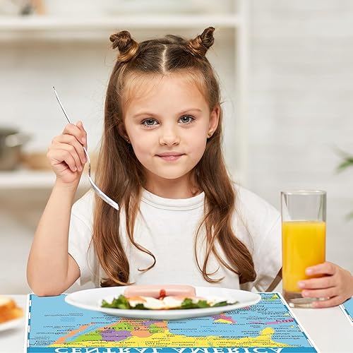 Miniatura 6 de Juego de 8 manteles individuales educativos para niños, diseño de mapa del mundo, antideslizantes, lavables, para comer, Estados Unidos, Europa,