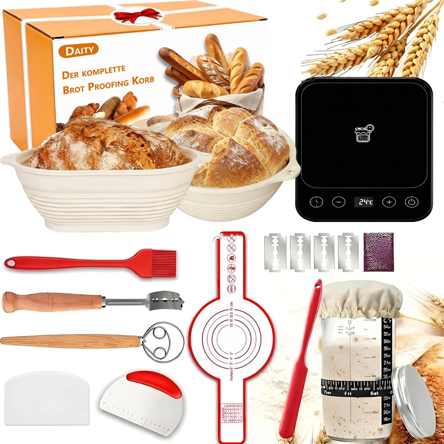 Daity Sauerteig Starter Set, 13-teilig Brot Backen Zubehör,Sauerteig Wärme, 28cm Klappbare Brot Gärkorb Oval und 25cm Klappbare Brot Gärkorb rund,für Anfänger und Professionelle Bäcke