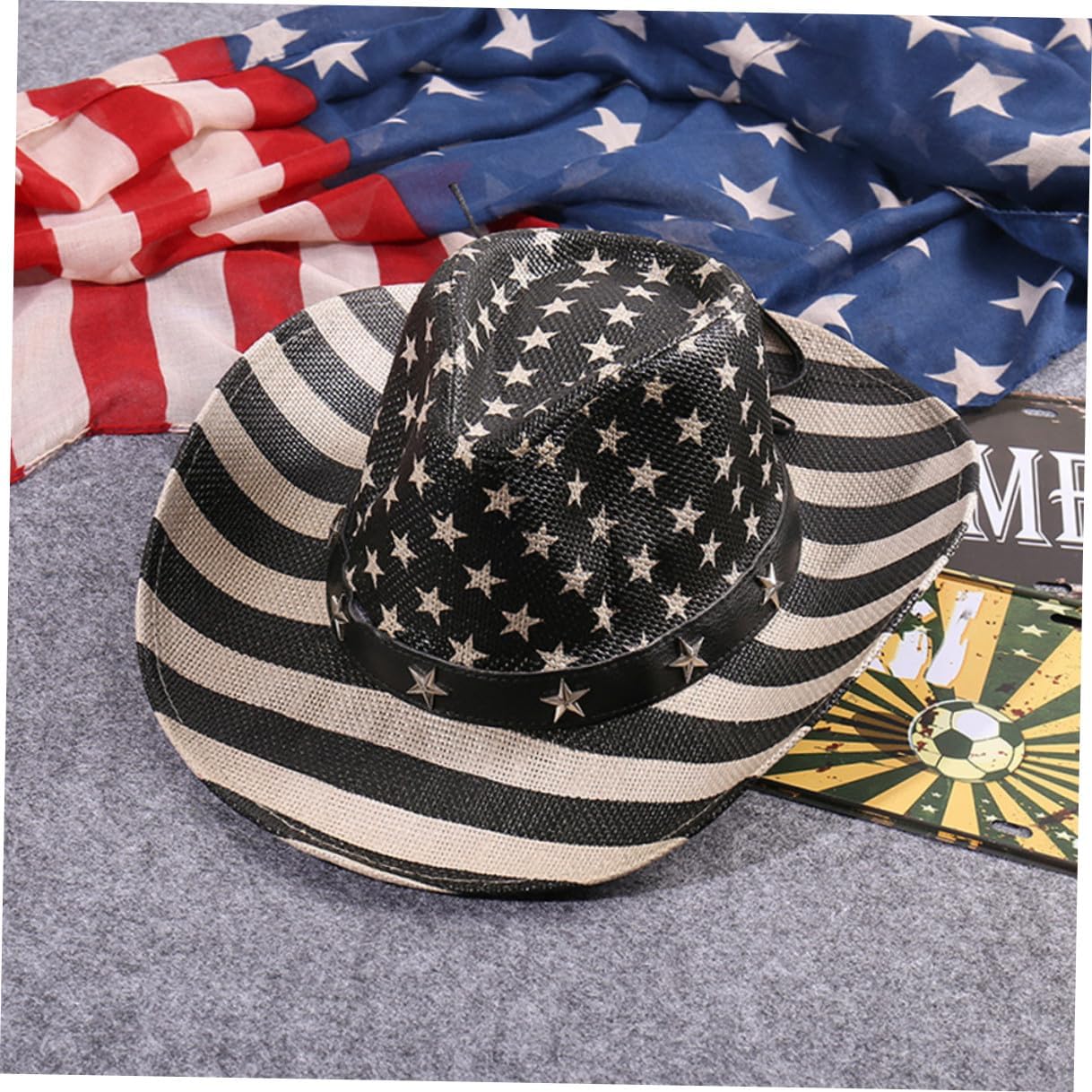 SOLUSTRE American Flag Western Cowboy Hat Vintage Black Stripe Straw Multi-Functional Unisex Hat for Independence Day 4th of July Outdoor Celebration