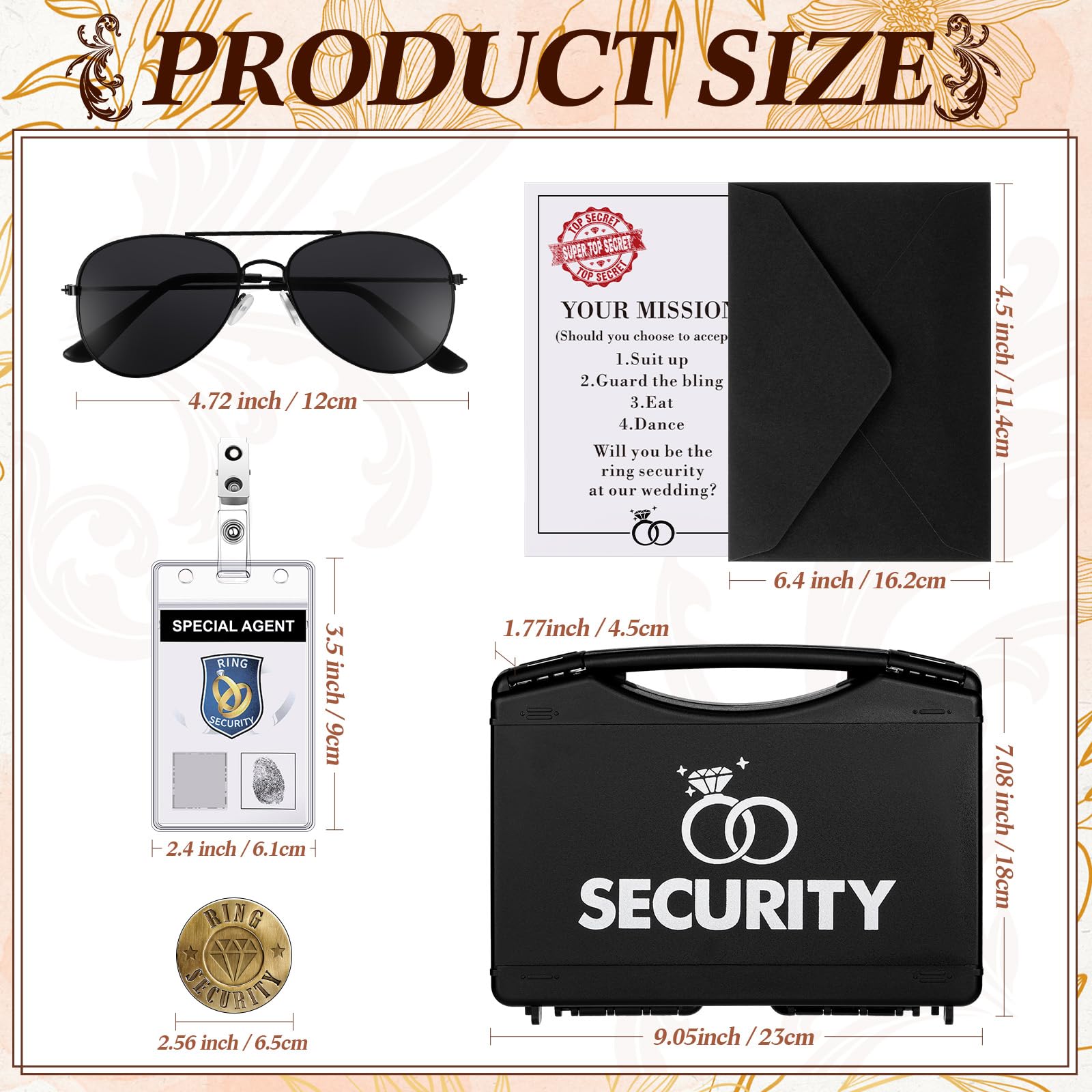 Aoriher El juego de seguridad para boda incluye maleta portadora de anillos, corbatín de propuesta de portador de anillos, insignia de seguridad, gafas de sol, auriculares, tarjeta de invitación,