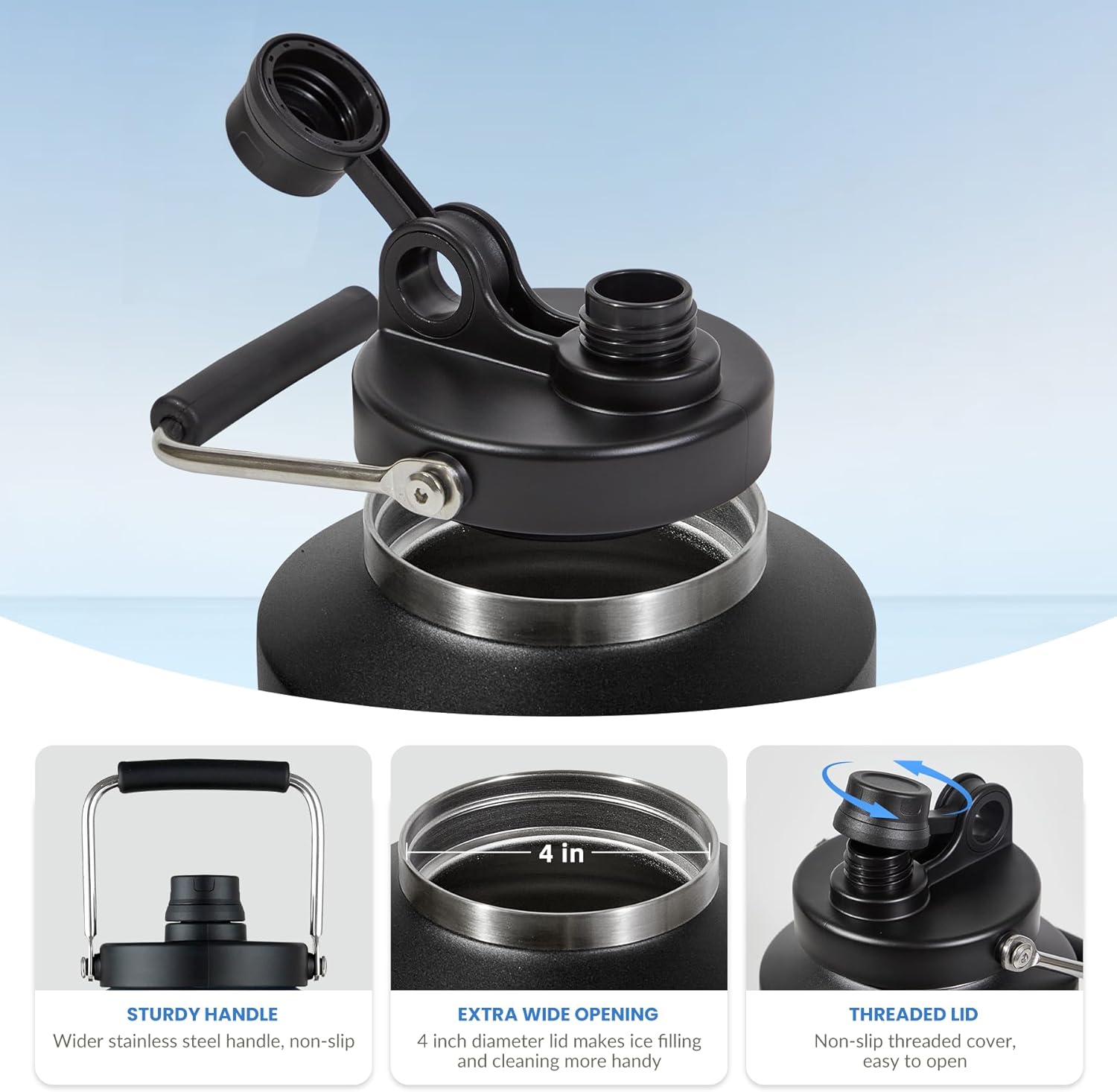 1 Gallon Water Bottle Keeps Ice 48Hr Wide Mouth, Insulated Large Gallon Water Jug - Leakproof Vacuum Thermos Flask for Gym, Camping, & Construction Black - Image 5