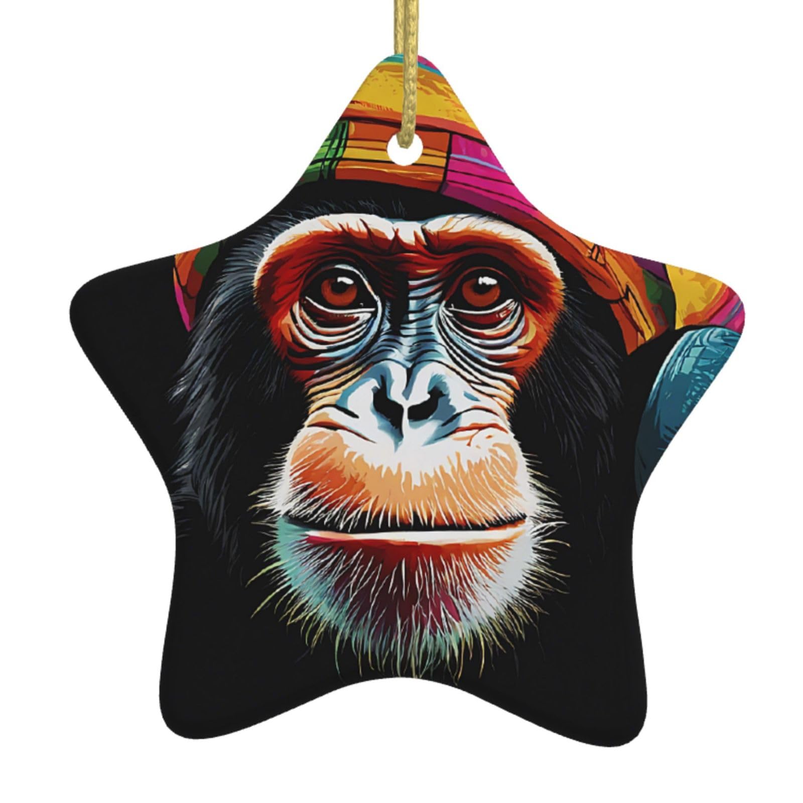 Monkey -Print Christmas Ceramic Star Ornaments, Handmade Customizable Holiday Decor For Home & Retail Tree Hanging, Gifts Set Of 1.