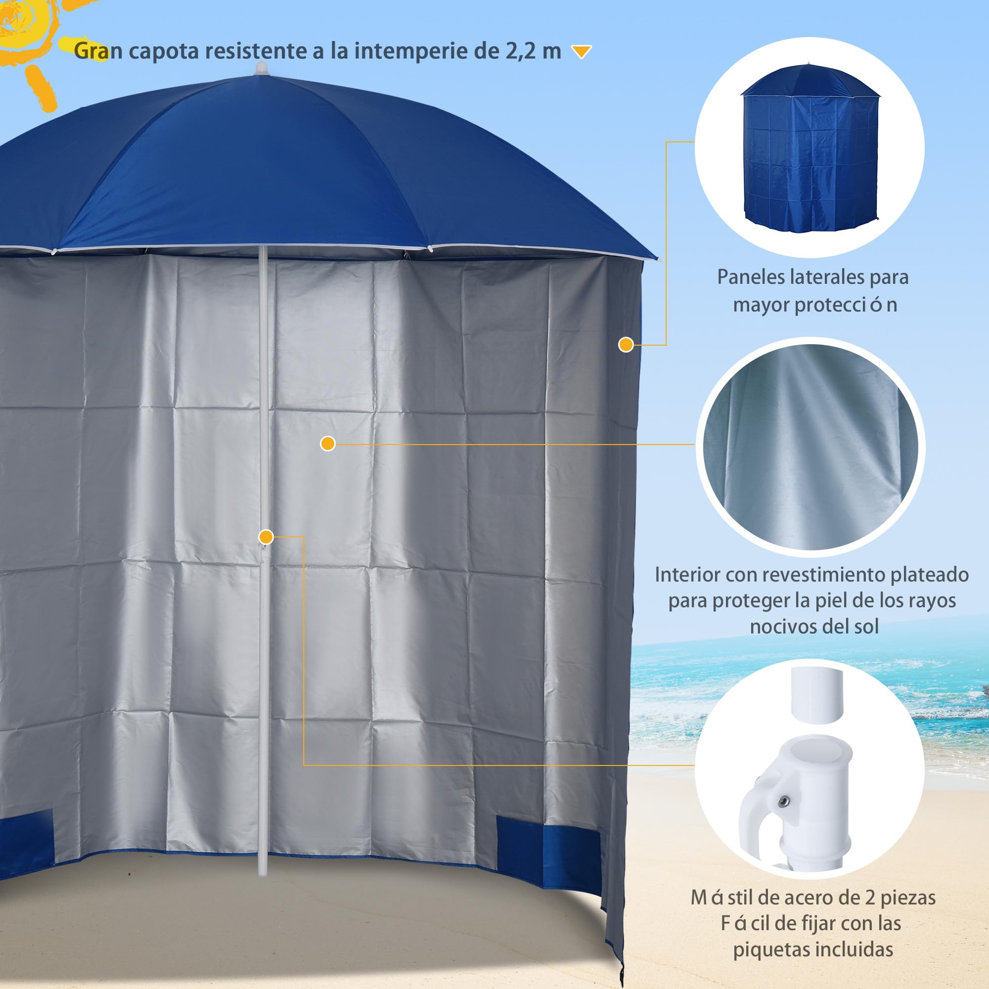 Outsunny Sombrilla de Playa con Panel Lateral Ø220x220 cm Parasol para Terraza con Apertura Manual 8 Varillas de Acero y Bolsa de Transporte para Jardín Piscina