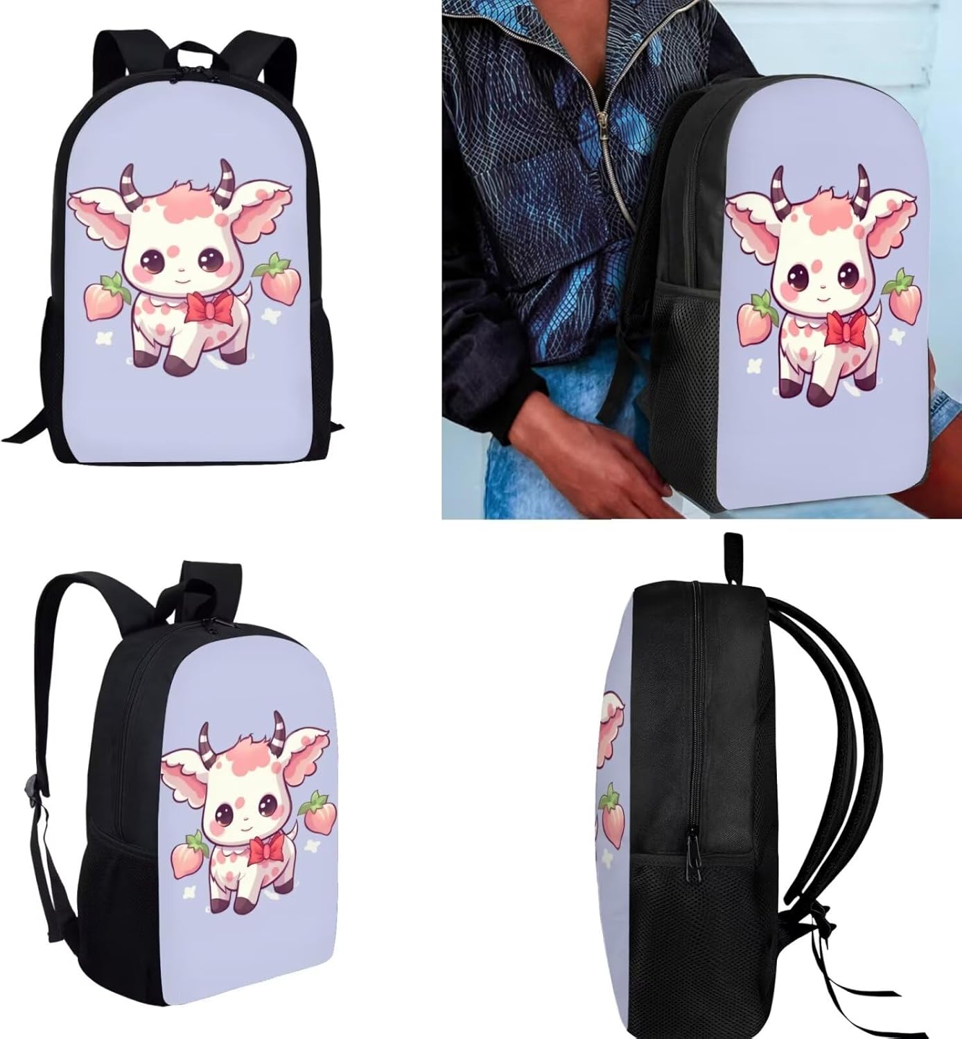 Cow Backpack for Girls with Lunch Box Water Bottle Sleeve Round Pen Holder Strawberry School Backpack Set 4 in 1 Purple School Bag 17inch Bookbags for Primary School Student
