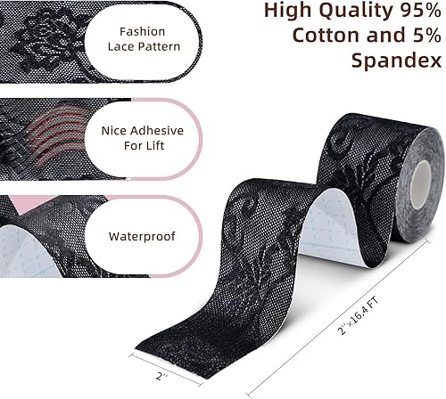 Miniatura 3 de BEWTEIM Cinta de pecho para levantamiento de senos, cintas de encaje para levantamiento de senos, cintas para senos push up, encaje floral, Negro -