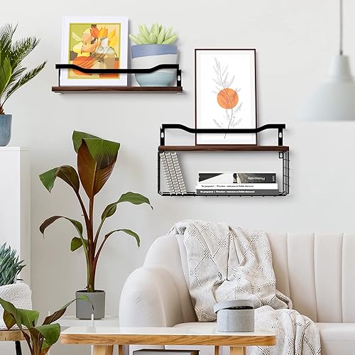 Miniatura 7 de Buwico Estantes flotantes montados en la pared, estantes de pared de baño con cesta de almacenamiento de papel, estante flotante de granja para