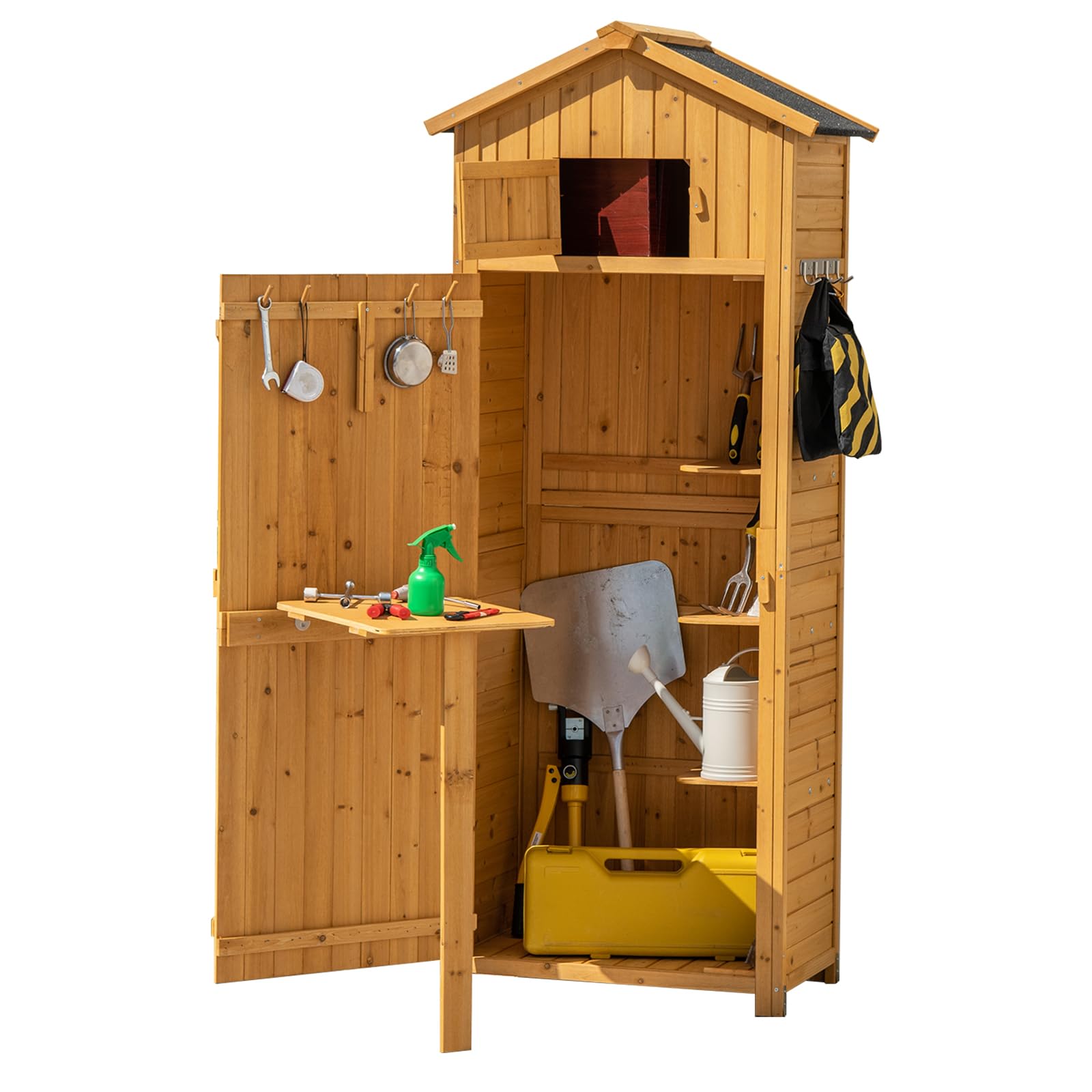 HOMASIS Casetta da Giardino in Legno, Casetta Porta Attrezzi da Giardino con Ripiano Pieghevole e Ganci, Capanno da Esterno Impermeabile e Salvaspazio, 65 x 42 x 180,5 cm (Marrone)