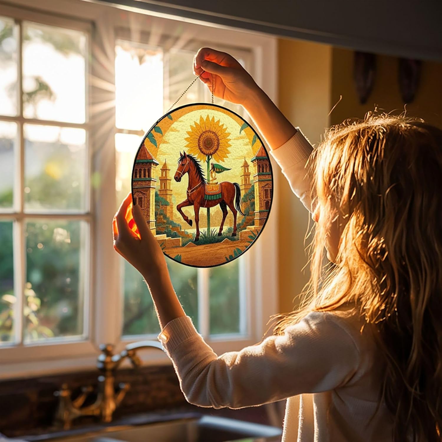 Stained Glass Window Hanging 10in Window Suncatcher Glass Panel with Metal Chain Aztec Horse Sunflower Sun Catchers Wall Art Home Decor Gift for Women Mother's Day