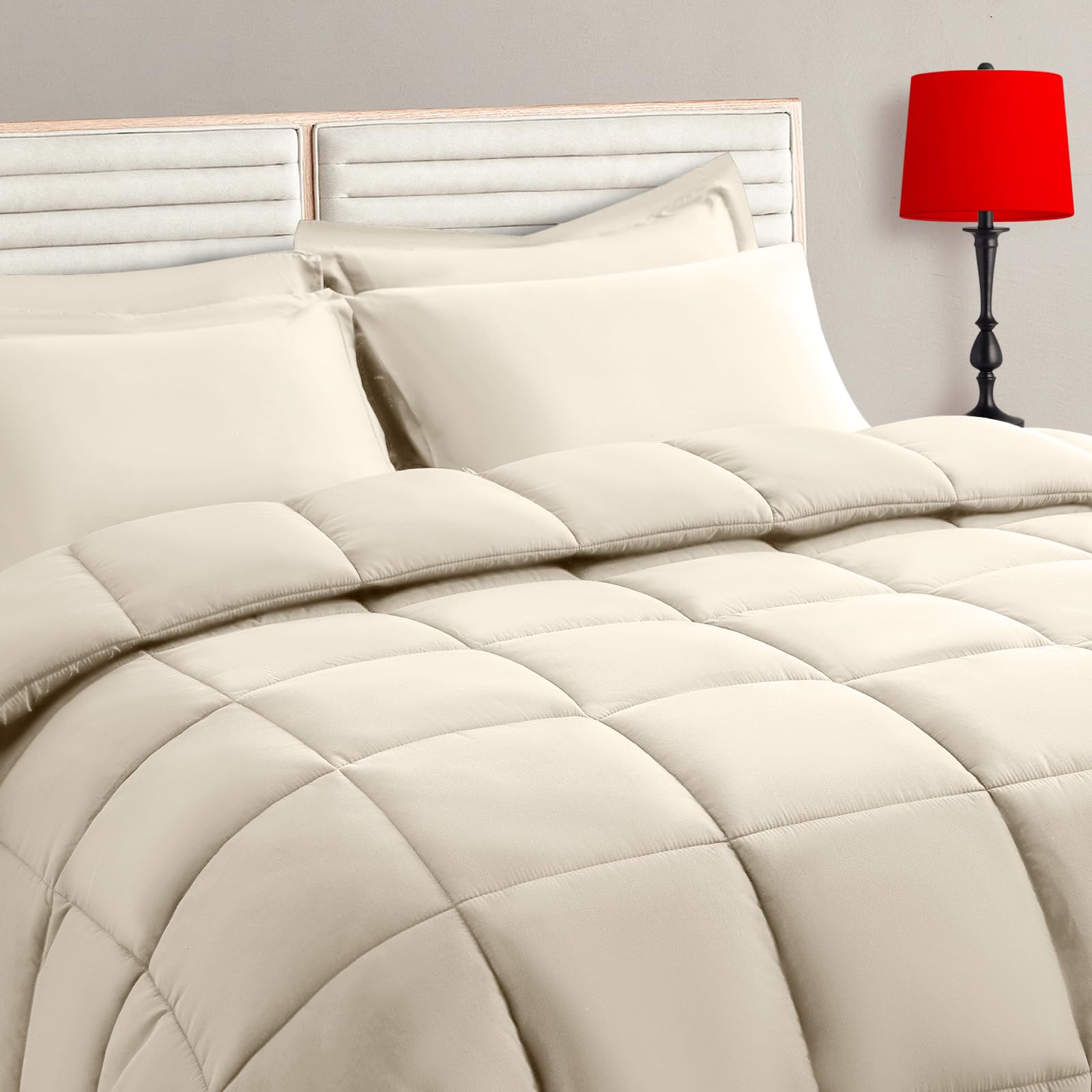 TAIMIT Light Beige Queen Size Comforter Set - 7 Pieces, Bed in a Bag Bedding Sets with All Season Soft Quilted Warm Fluffy Reversible Comforter,Flat Sheet,Fitted Sheet,2 Pillow Shams,2 Pillowcases — image 1