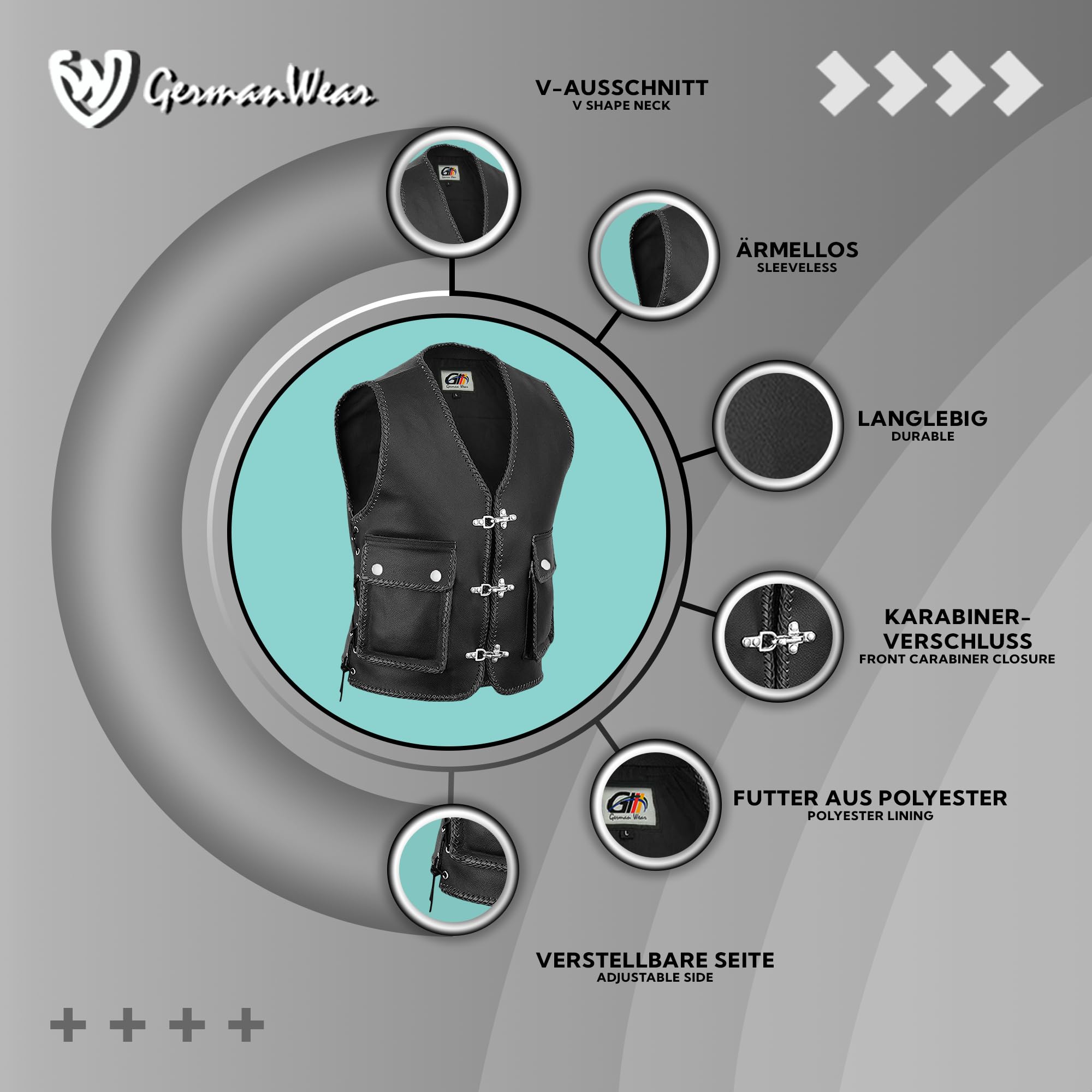 German Wear Lederweste Herren Motorrad Leder Kutte Karabiner Bikerweste Motorradweste geflochten