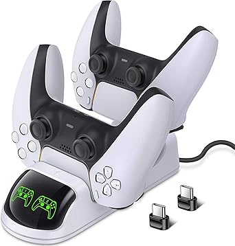 PS5 Controller Charger, Upgraded Playstation 5 Charging Station Dock with LED Indicator, Safety Chip Protection, Dual USB Type C Fast Charging, for PS5 DualSense Controller, White