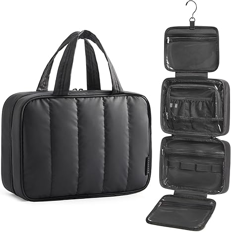 BAGSMART Travel Toiletry Bag for women, Portable Hanging Hook Makeup Bag Organizer, Waterproof Makeup Cosmetic Bag, for Full-Size Accessories, Toiletries,Black