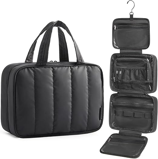 BAGSMART Travel Toiletry Bag for women, Portable Hanging Hook Makeup Bag Organizer, Waterproof Makeup Cosmetic Bag, for Full-Size Accessories, Toiletries,Black