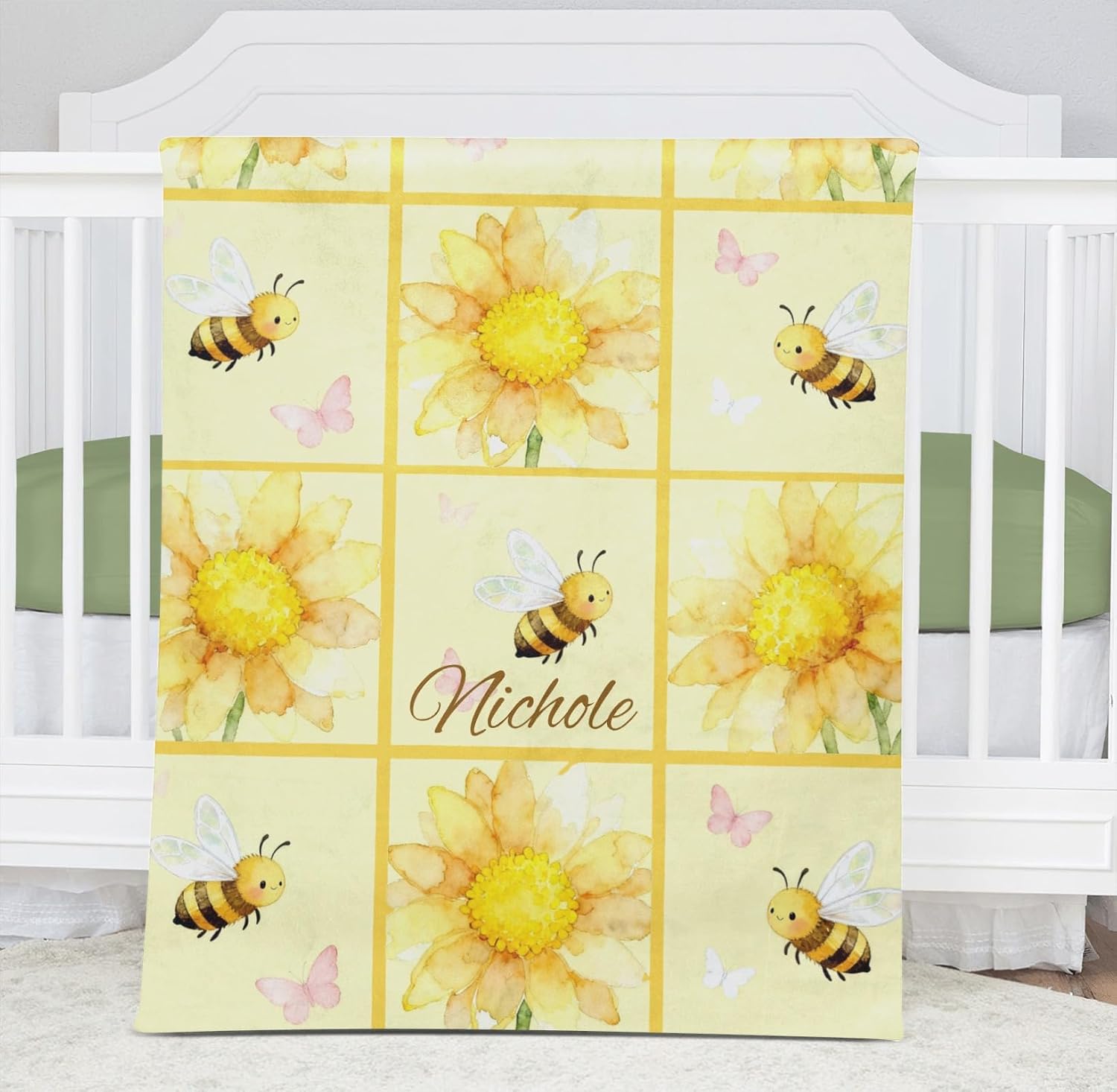 Sunflower Floral Patchwork Personalized Baby Blanket for Girl Boy Soft Warm Newborn Throw Naps Swaddle Custom Blanket 30X40 in, 30 * 40 IN
