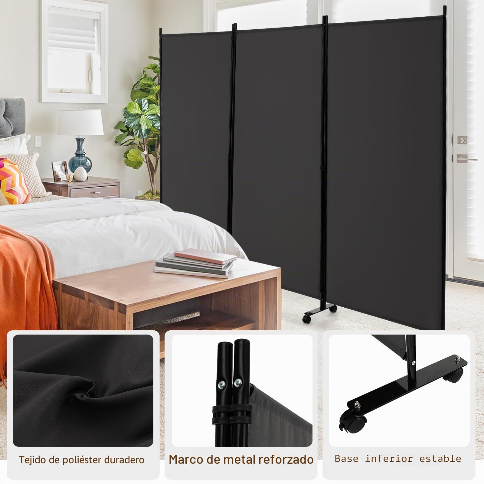 LIFEZEAL Biombo Plegable de 3 Paneles para Interior y Exterior, Divisor de Pie con 8 Ruedas, Pared Tabique, Estructura Metálica, Protección de la Intimidad, Separador de Espacios (Gris)