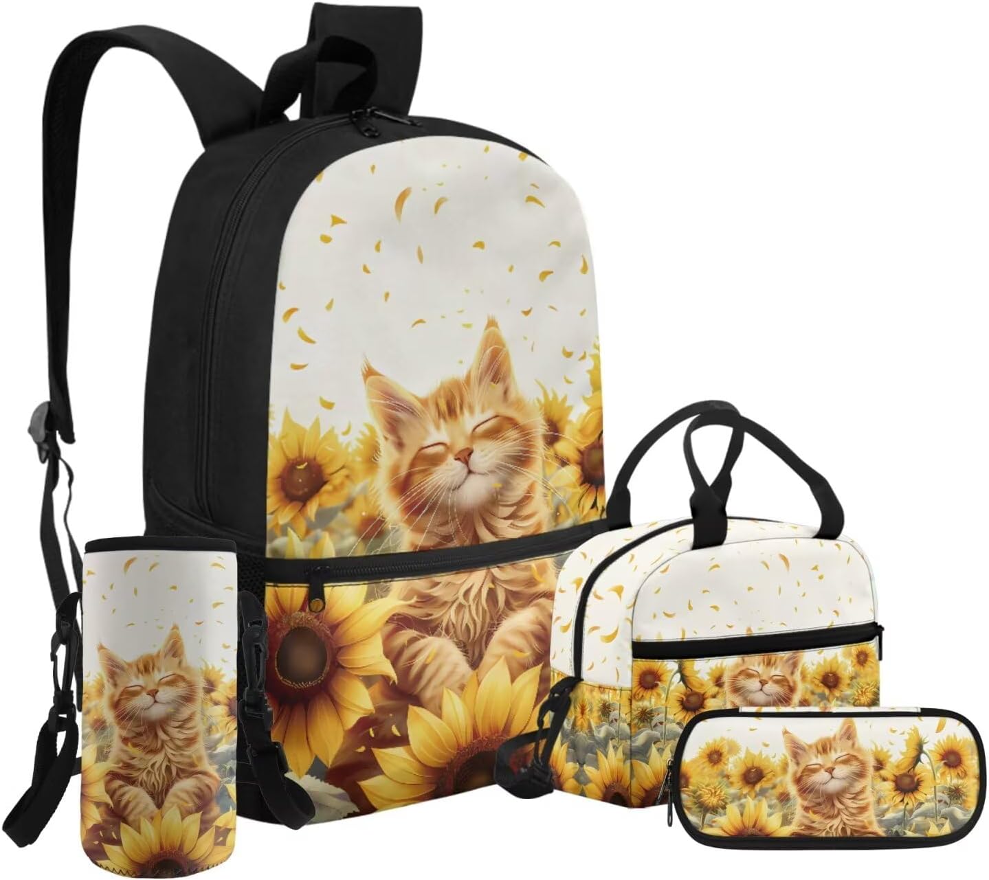 HUGS IDEA Sunflower Cat Backpack for Girls 8-10 Kids School Bookbag with Lunch Box Set Lightweight School Backpack for Girls Large Capacity School Bag for Elementary School 4Pcs Set
