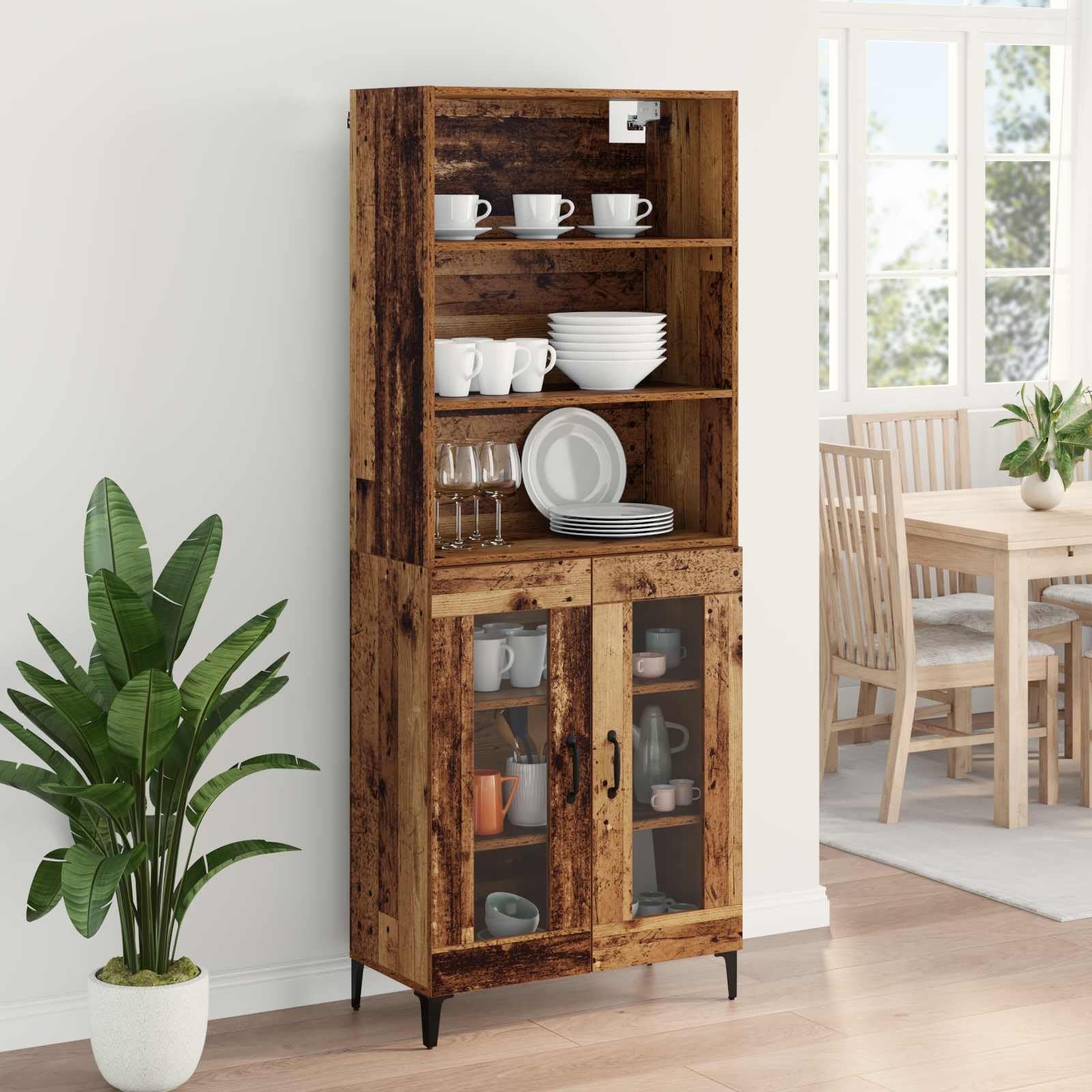 Aparador alto de madera envejecida, 69,5 x 34 x 180 cm, material de madera, con 2 puertas, estantes ajustables, patas de hierro robustas, espacio de almacenamiento versátil para comedor, salón