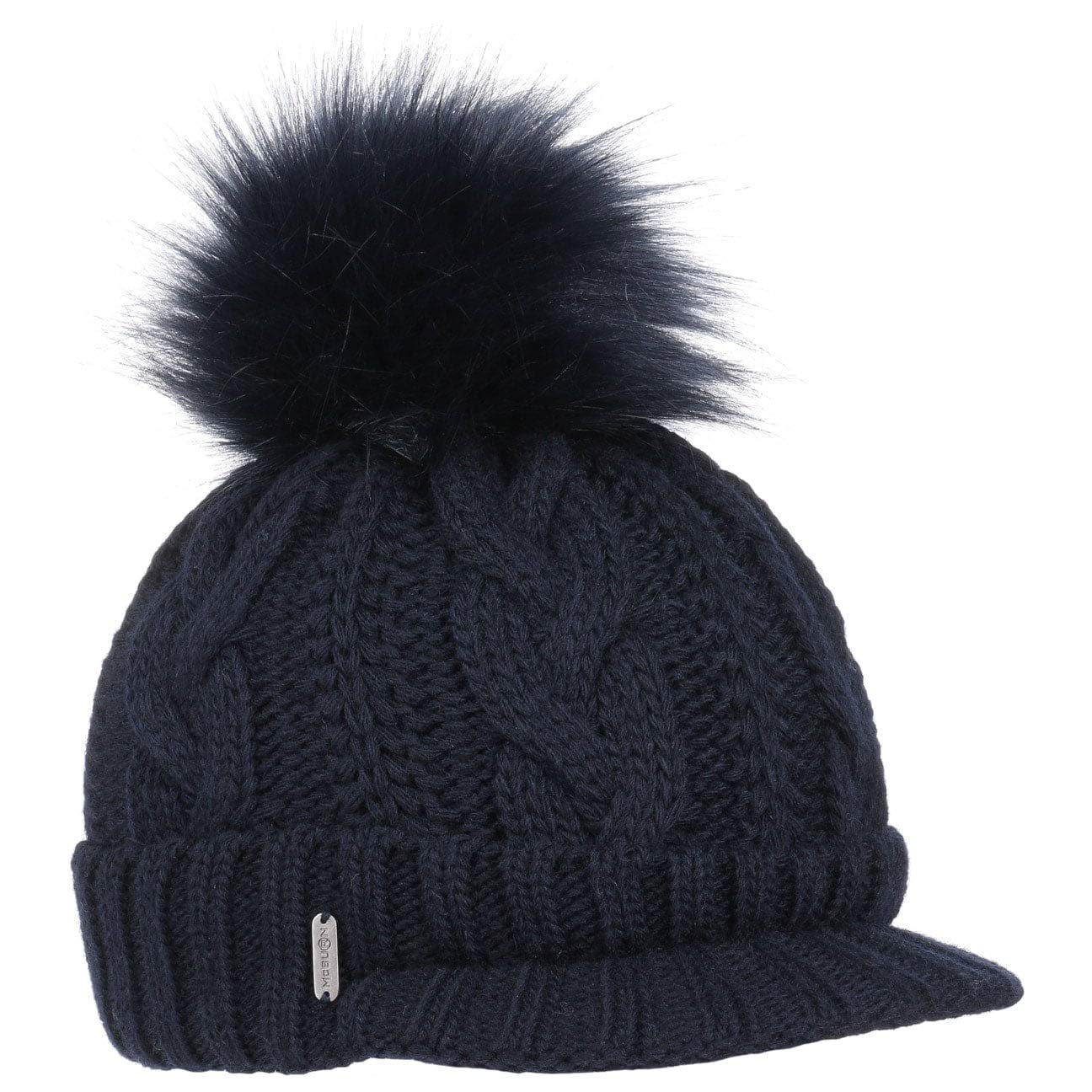McBURN Britta Cable Knit Beanie Women - Made in Italy Winter Pompom hat with Peak, Lining, Lining Autumn-Winter - One Size Navy