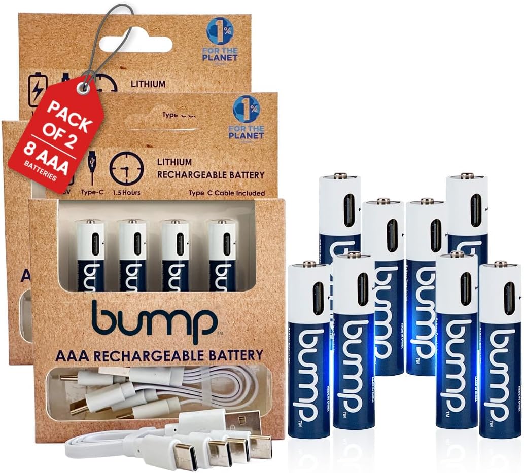 bump AAA 1.5V Rechargeable Batteries, 8-Pack, Lithium Ion, High Output, Fast USB-C Charging, Long Lasting, for Remotes, Toys, Keyboards, Wireless Mice, Includes Charger Cable