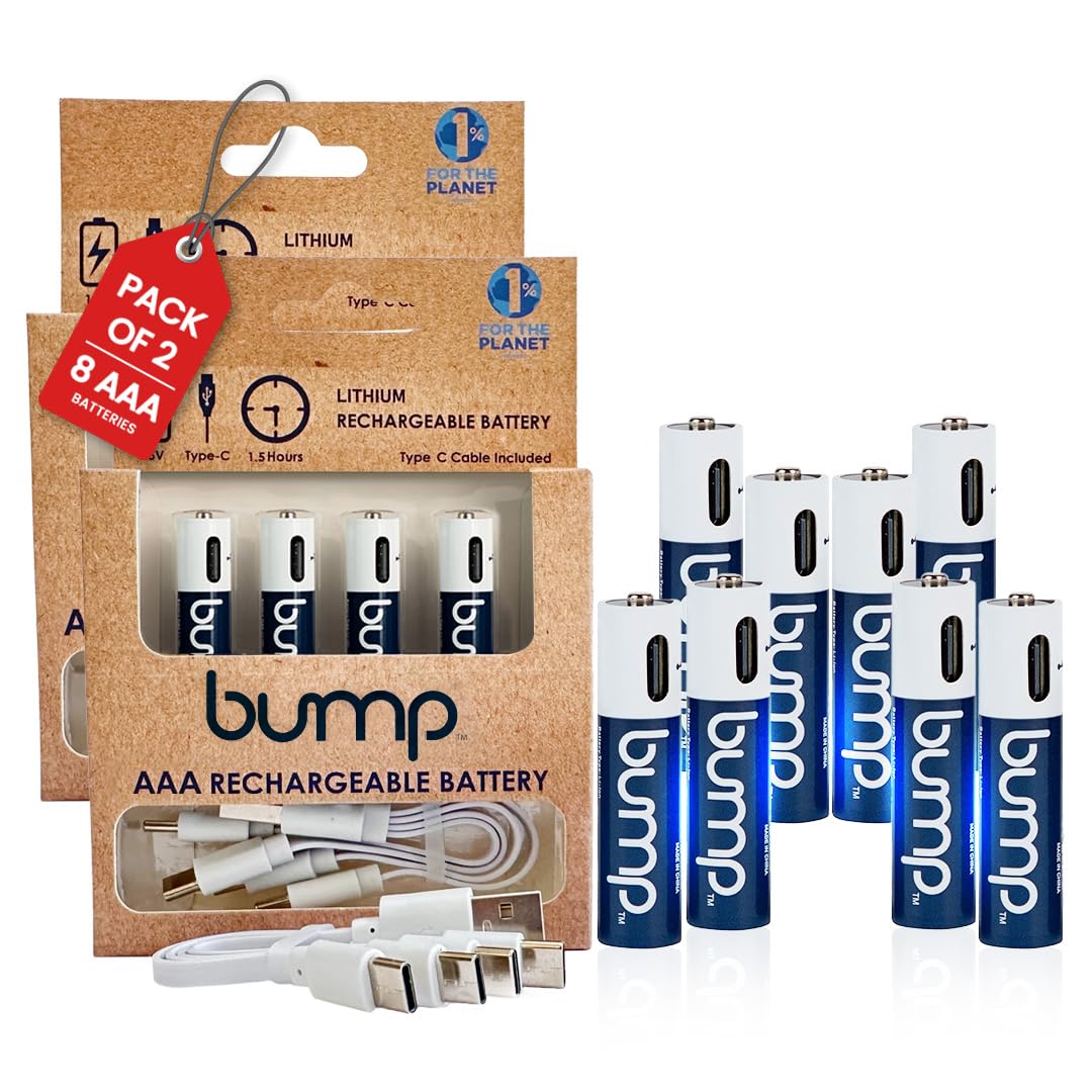 bump AAA 1.5V Rechargeable Batteries, 8-Pack, Lithium Ion, High Output, Fast USB-C Charging, Long Lasting, for Remotes, Toys, Keyboards, Wireless Mice, Includes Charger Cable