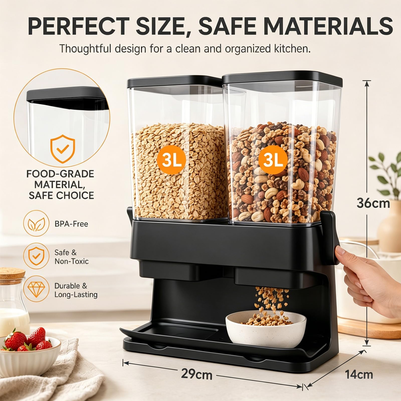 Müslispender 2er Set, 2 x 3L Cereal Dispenser, auslaufsicher & lebensmittelecht, klare Luftdichte Behälter für Cornflakes, Nüsse, Kaffeebohnen & Haferflocken, platzsparend für die Küche (Schwarz)