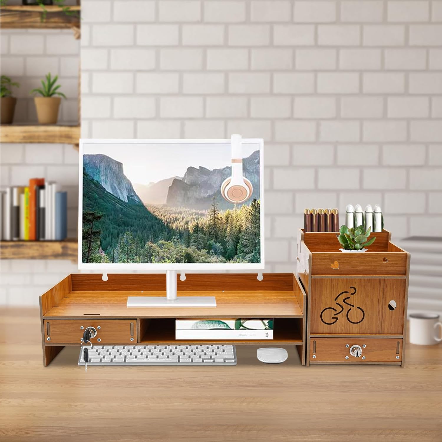 Wood Computer Monitor Stand for Desk Monitor Riser with Drawers & Lock Monitor Stand Organizer Desk Storage Shelf Office Desk Accessories for PC, Laptop, Printer (Wood, 5.31'' H)