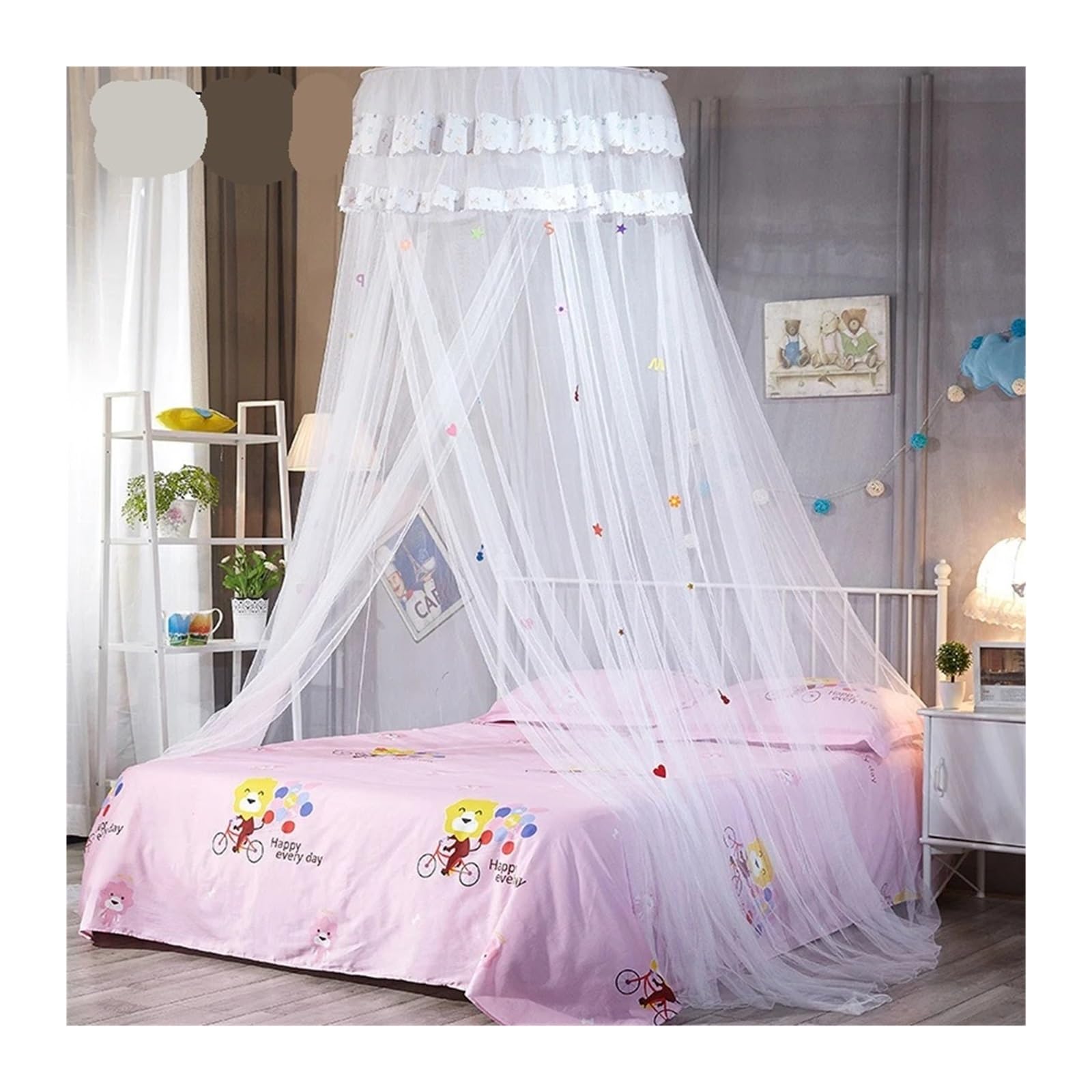KiddiBubzi 1.5m Cartoon Dome Hanging Bed Canopy Encryption Heightened Ceiling Lace Lace Princess Dome Floor Bed Canopy(1.5m White 4PCS)