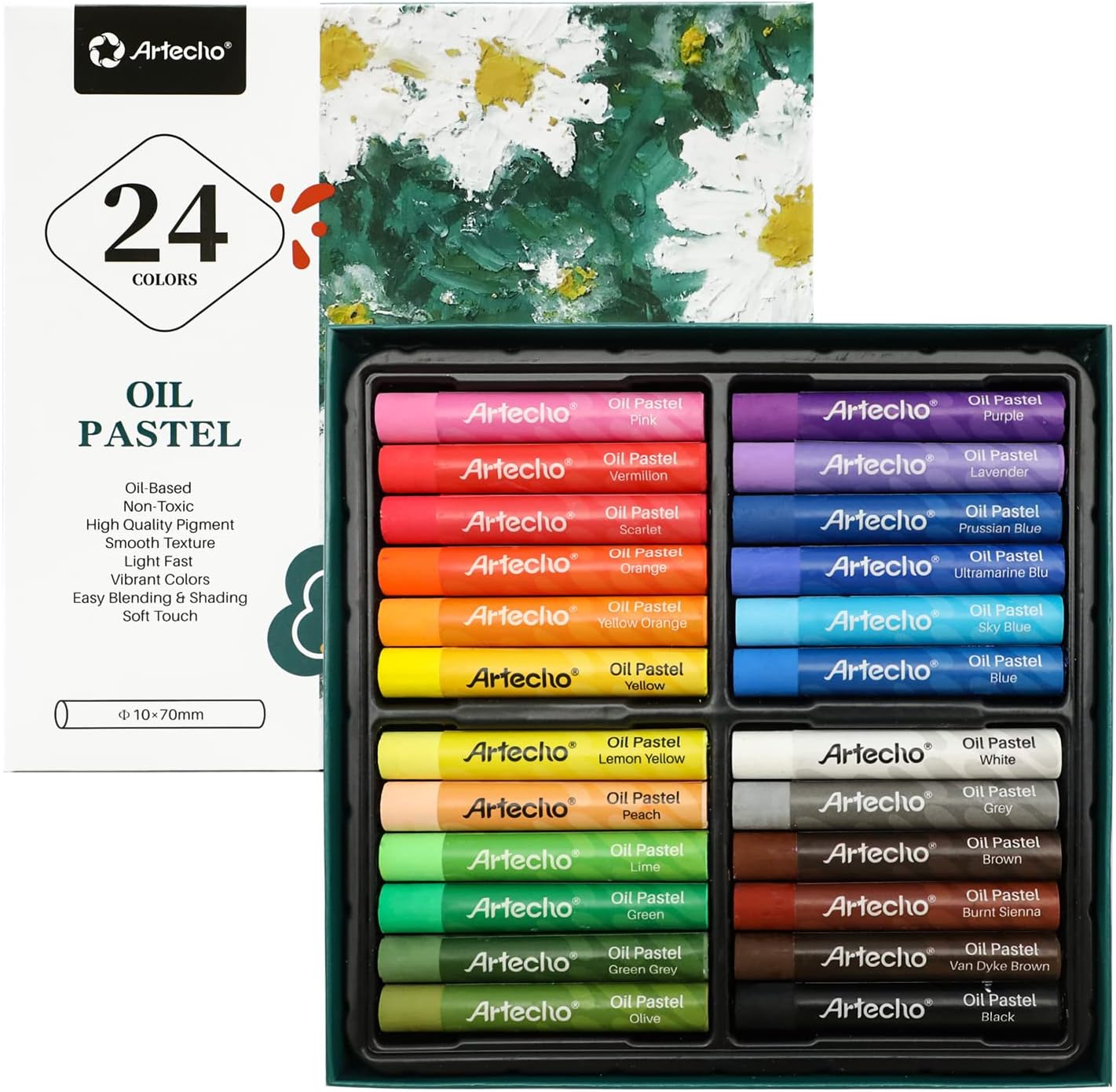 Artecho Oil Pastels Set of 24 Colors, Soft Oil Pastels for Art Painting, Drawing, Blending, Oil Crayons Pastels Art Supplies for Artists, Beginners, Students, Teachers