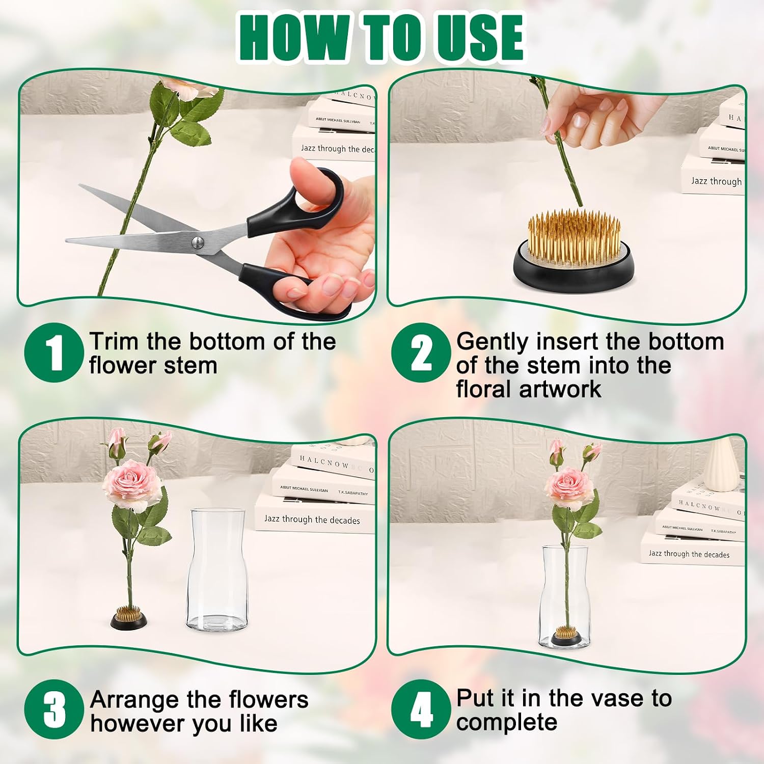 5 Pcs Flower Frogs for Flower Arrangements, Brass Floral Frog Kenzan with Rubber Base, Japanese Ikebana Flower Holder Fixed Tools for Vase, DIY Floral Arrangement Supplies (Multiple Sizes, Gold)