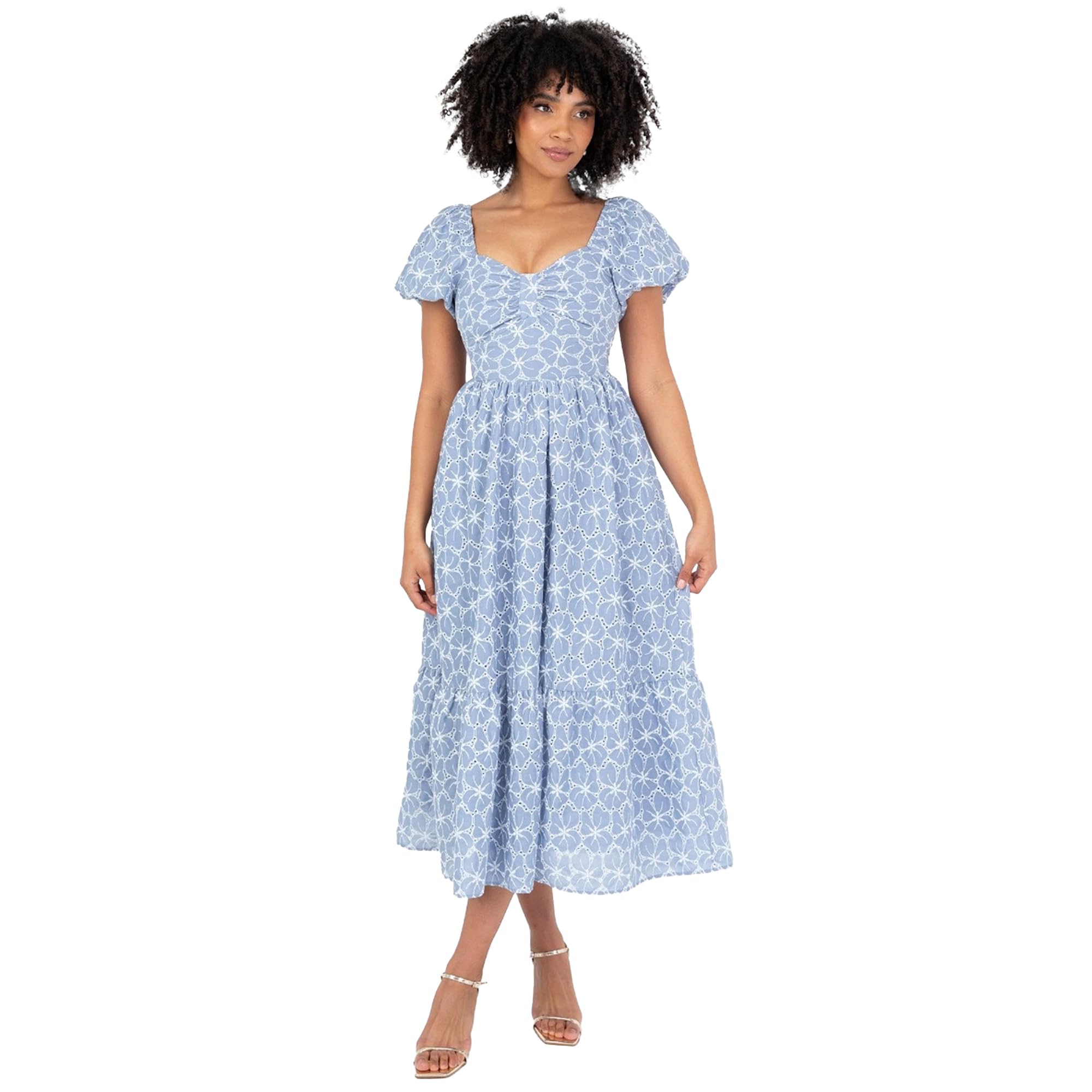 Lovedrobe Women’s Light Blue Broderie Midaxi Dress Sweetheart Neck Puff Sleeve A-Line Summer Dress High Waist Tiered Skirt Holiday & Occasion Outfit Size 12
