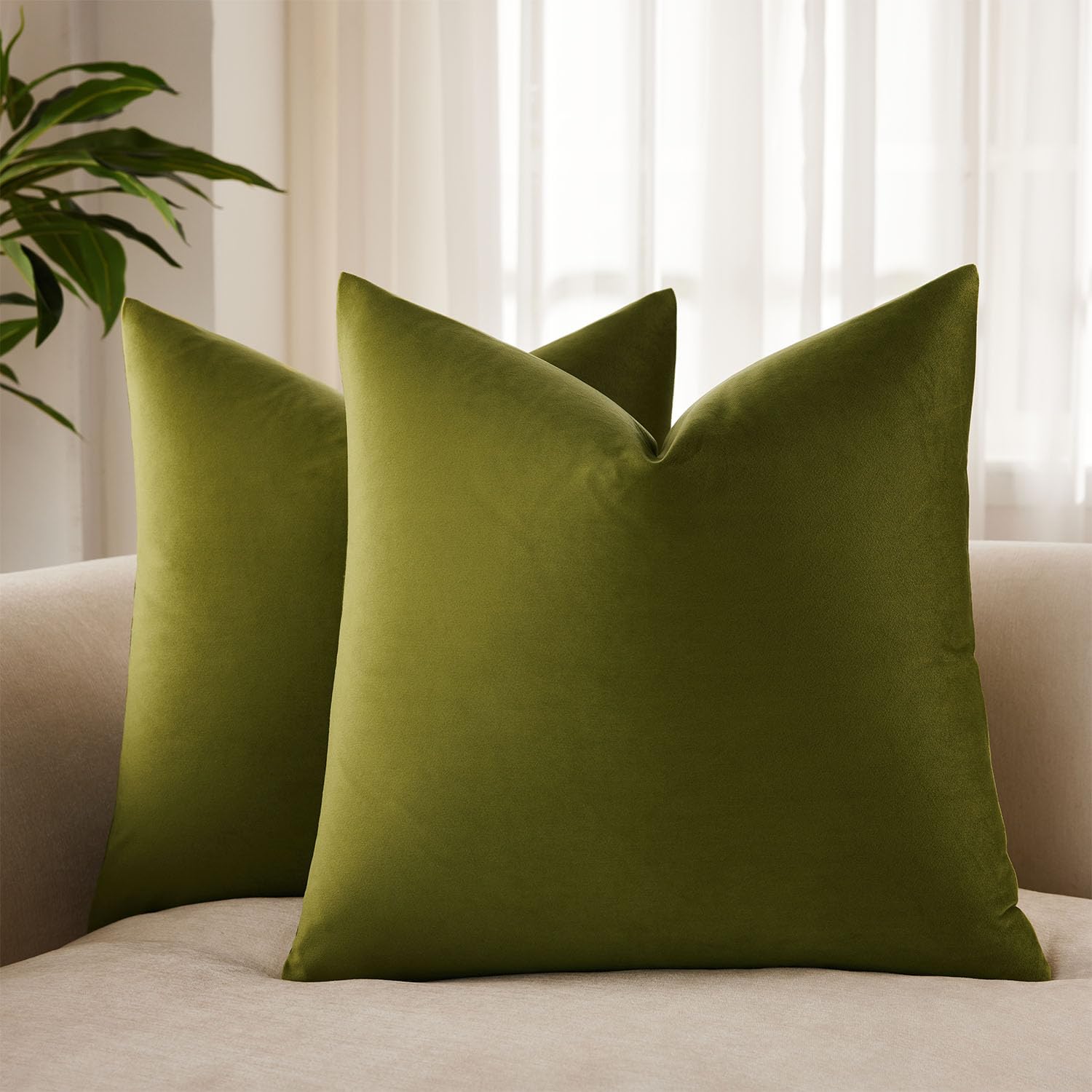 JUSPURBET 24x24 Euro Velvet Throw Pillow Covers Set of 2,Olive Green