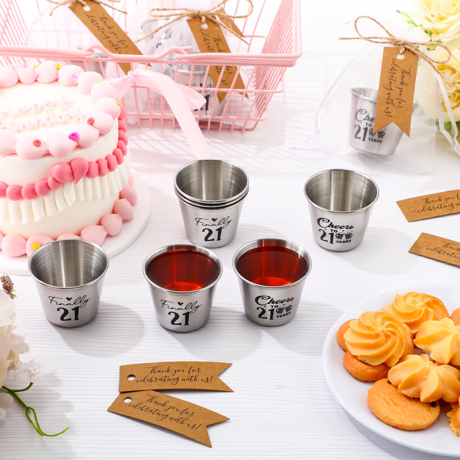 Lot de 24 verres à shot en acier inoxydable pour 21e anniversaire avec étiquettes de remerciement, sacs en organza et ficelle