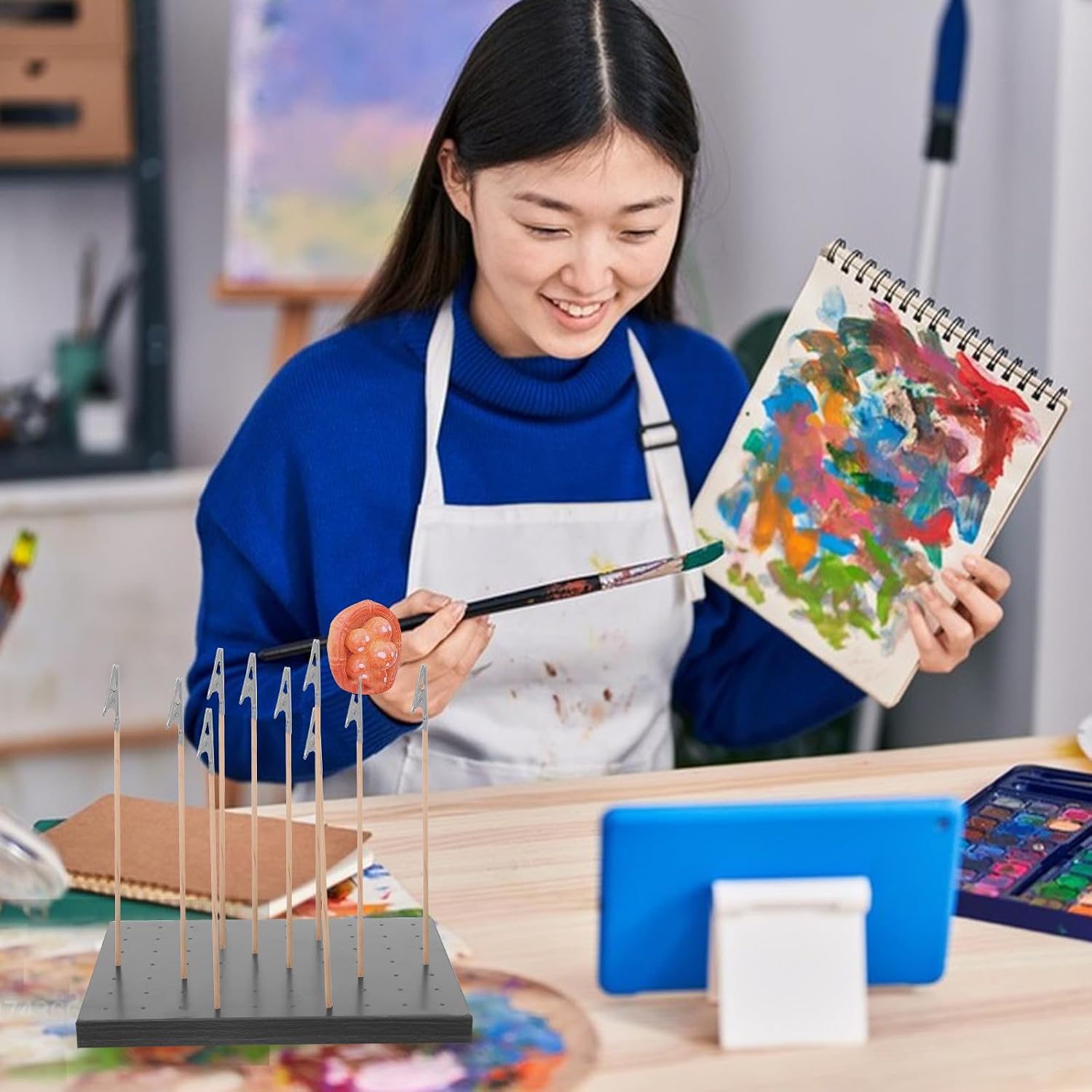 Hemobllo Model Spraying Clamp Base Stand with Large Wood Board and Coloring Clips, Hobby Tool Set for Model Painting and Airbrush Spray, DIY Accessories for Hobbyists and Miniature Painting