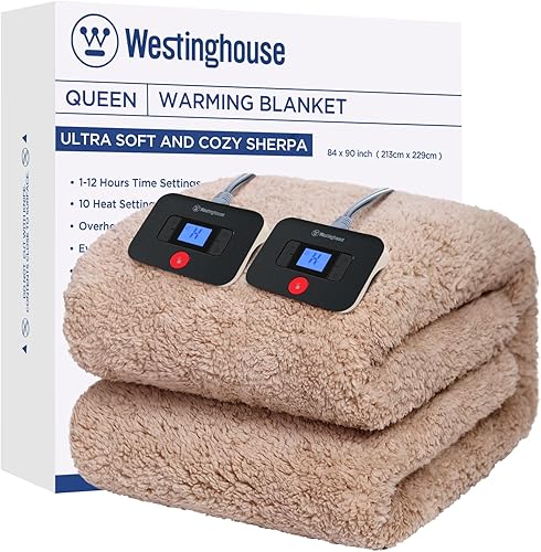 Westinghouse - Manta eléctrica tamaño queen. Manta térmica de felpa sherpa suave, lavable a máquina, con 10 niveles de calefacción y 1-12 horas de