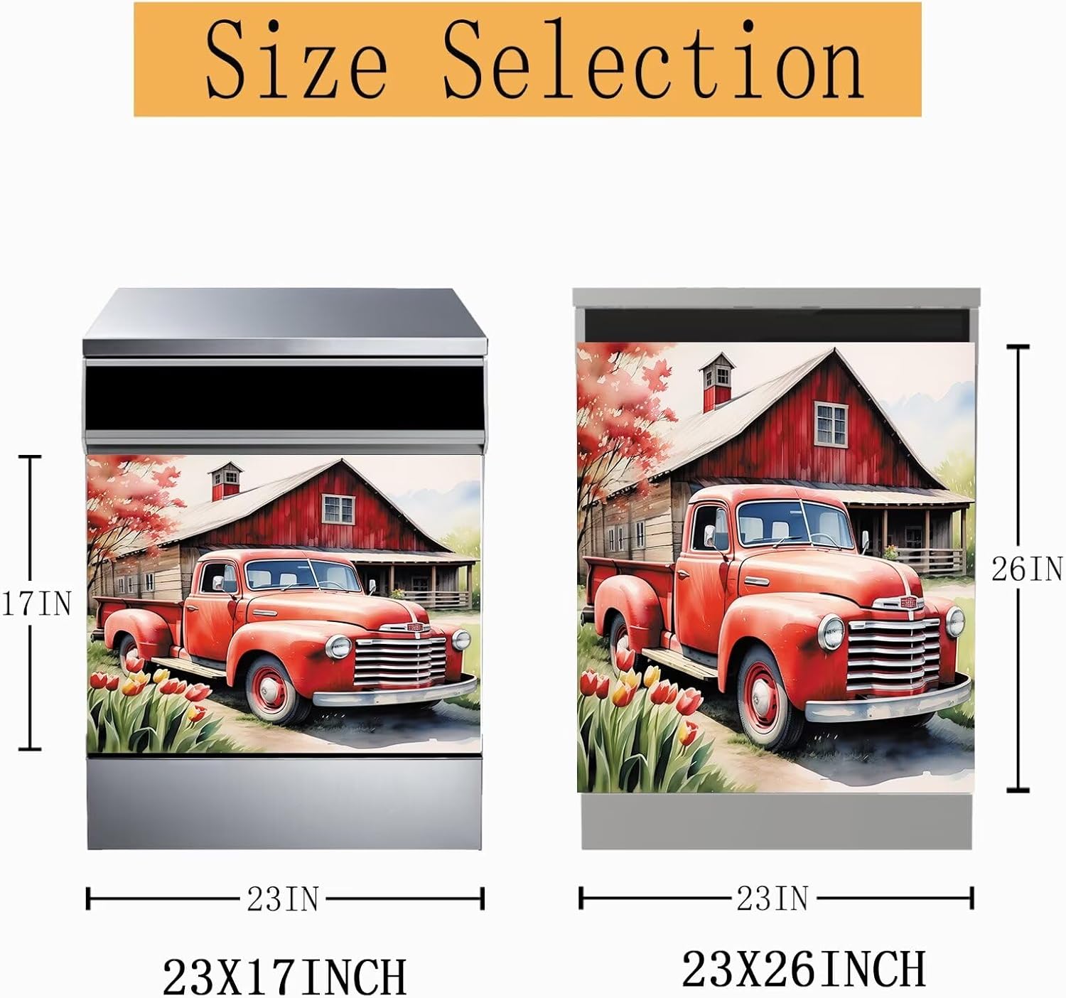 Farmhouse Red Truck Dishwasher Sticker Decor Front Door Sheet,Farm Barn Magnetic Decal Decor Fridge Front Dish Washer Cover 23x26inch Kitchen Vintage Magnet Spring Flower