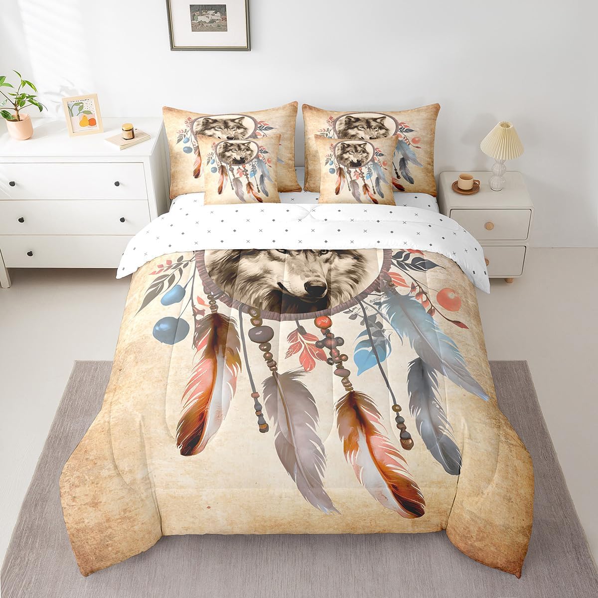 Feelyou Dreamcatcher Comforter Set Twin Size 7 Pieces, Boho Wolf Bedding Set for All Season, Bohemian Bed in a Bag with Comforter, Sheets, Pillowcases & Cushion Cover