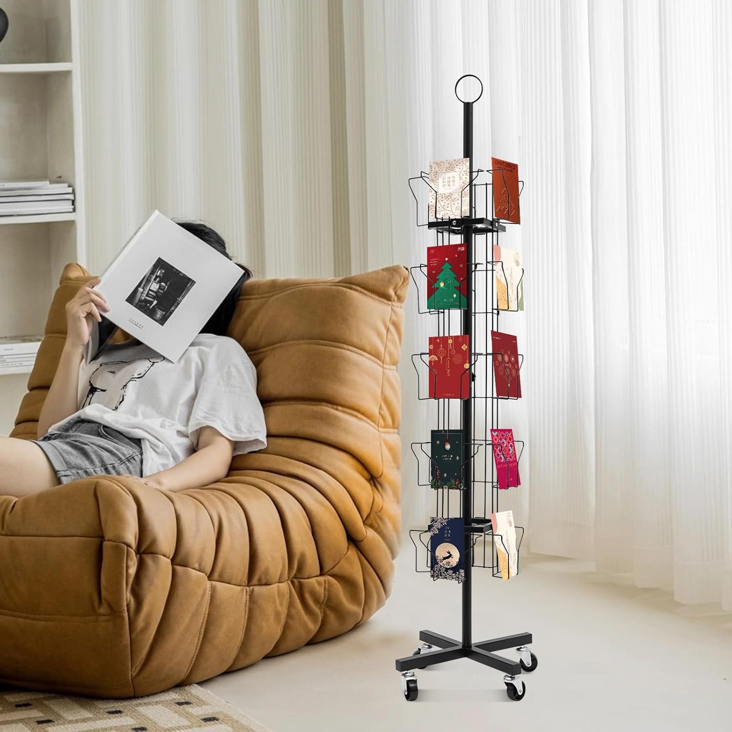 Greeting Card Display Stand 20 Card Pockets Black Postcard Rotating Greeting Card Rack Display Stand Spinning Pocket Rotating Holder for Postcards Brochures Office Products