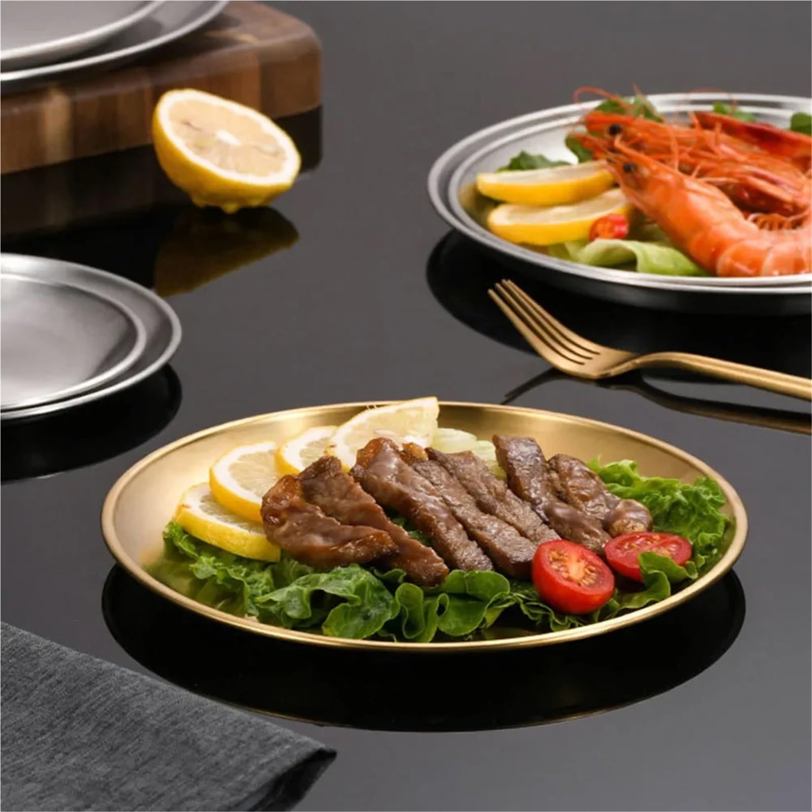 Bandeja de Servicio de Acero Inoxidable 8 Platos Redondos Dorados de Acero Inoxidable 14/17/20/23/26 cm for Camping, Picnic y Cocina(8Pcs Silver 26cm)