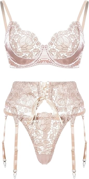 Sexy Lingerie Set for Women Floral Embroidery Lace Bra Panties Girdle Garter Naughty Outfit