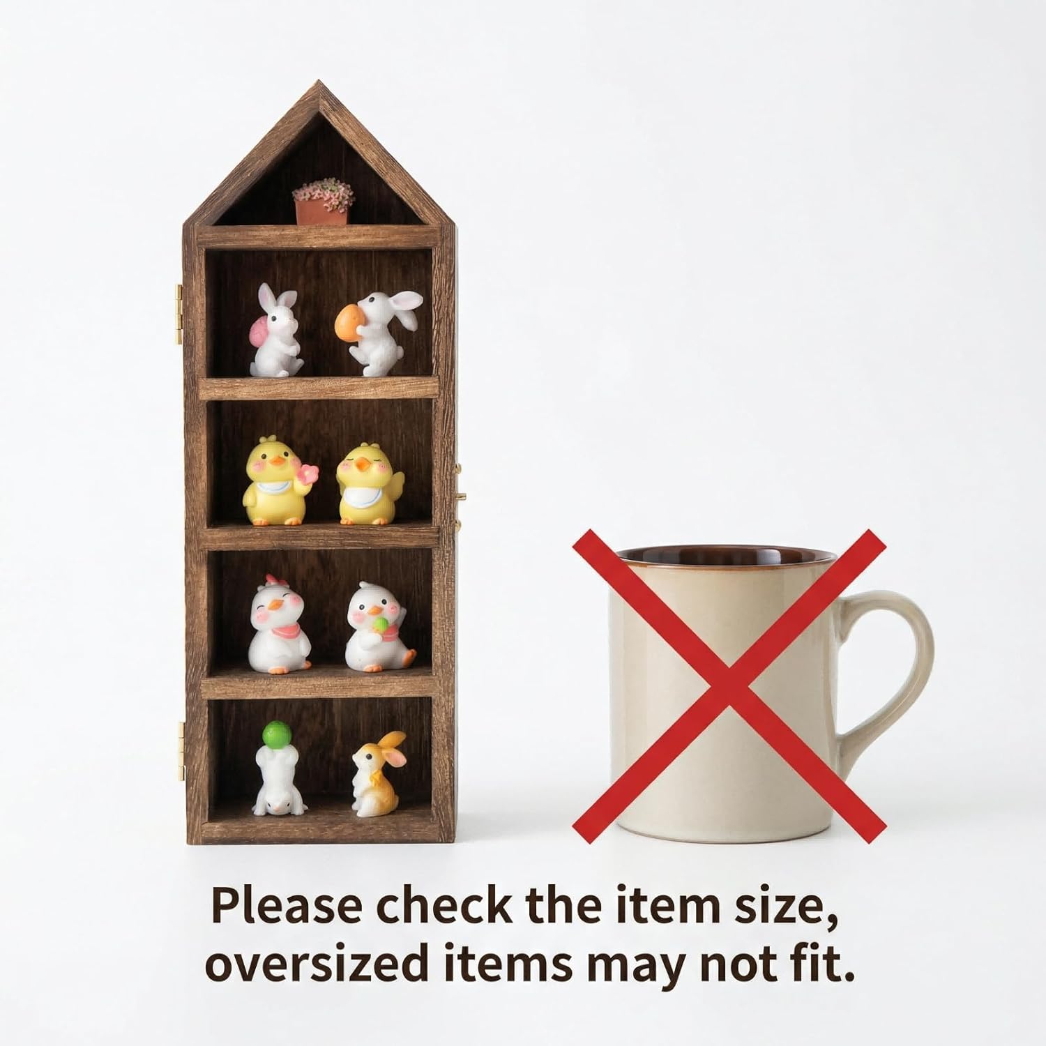 Trinket Shelf Display with Door (Set of 3), Solid Wood Knick Knack Shelf for Wall, House Shaped Curio Display Case Shadow Box for Miniatures, Crystals, Rocks & Collectibles (Brown)