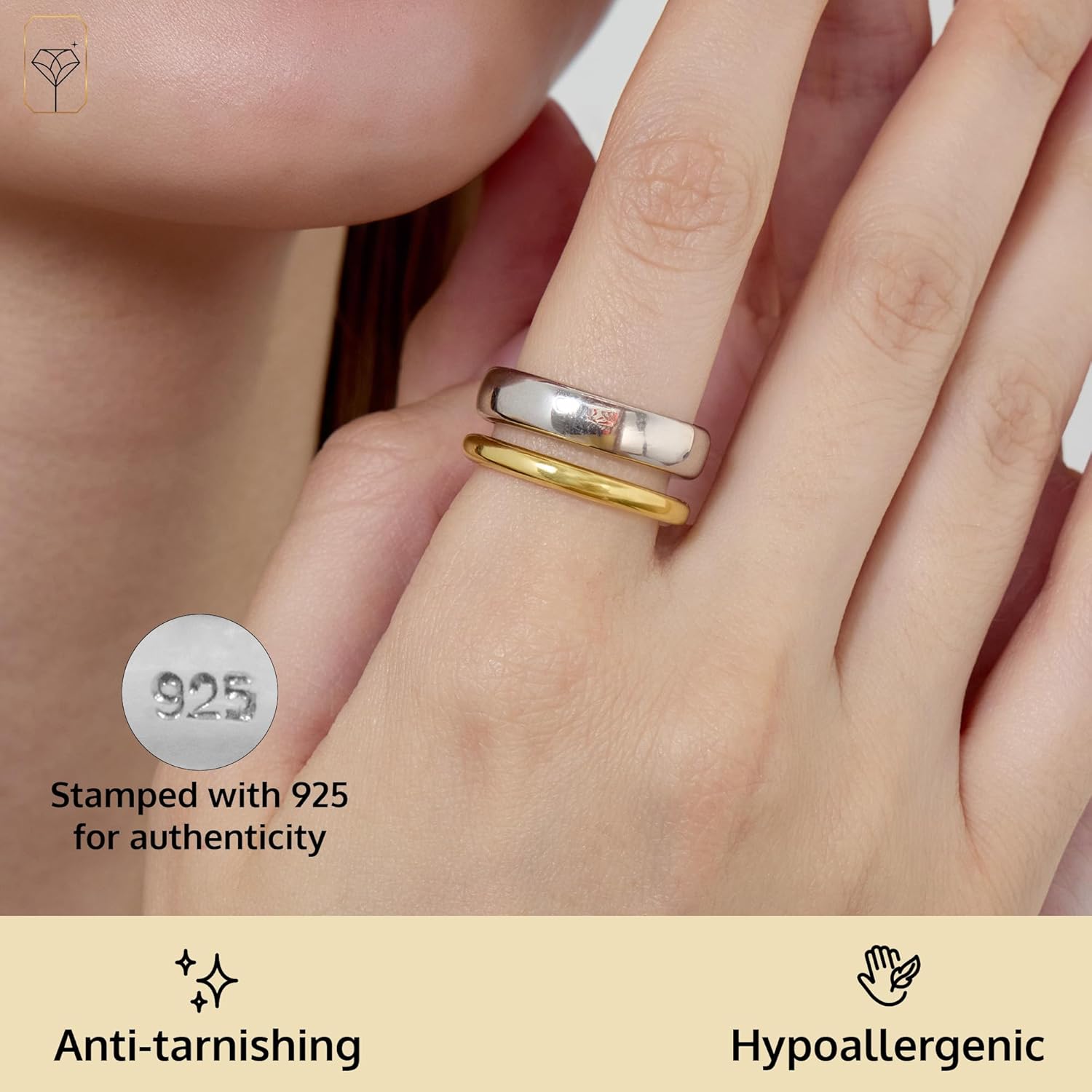 MAX + STONE 925 Sterling Silver Two Tone Rings for Women | Hypoallergenic & Anti Tarnishing Chunky Silver Ring in Sizes 6 to 8 - Image 3