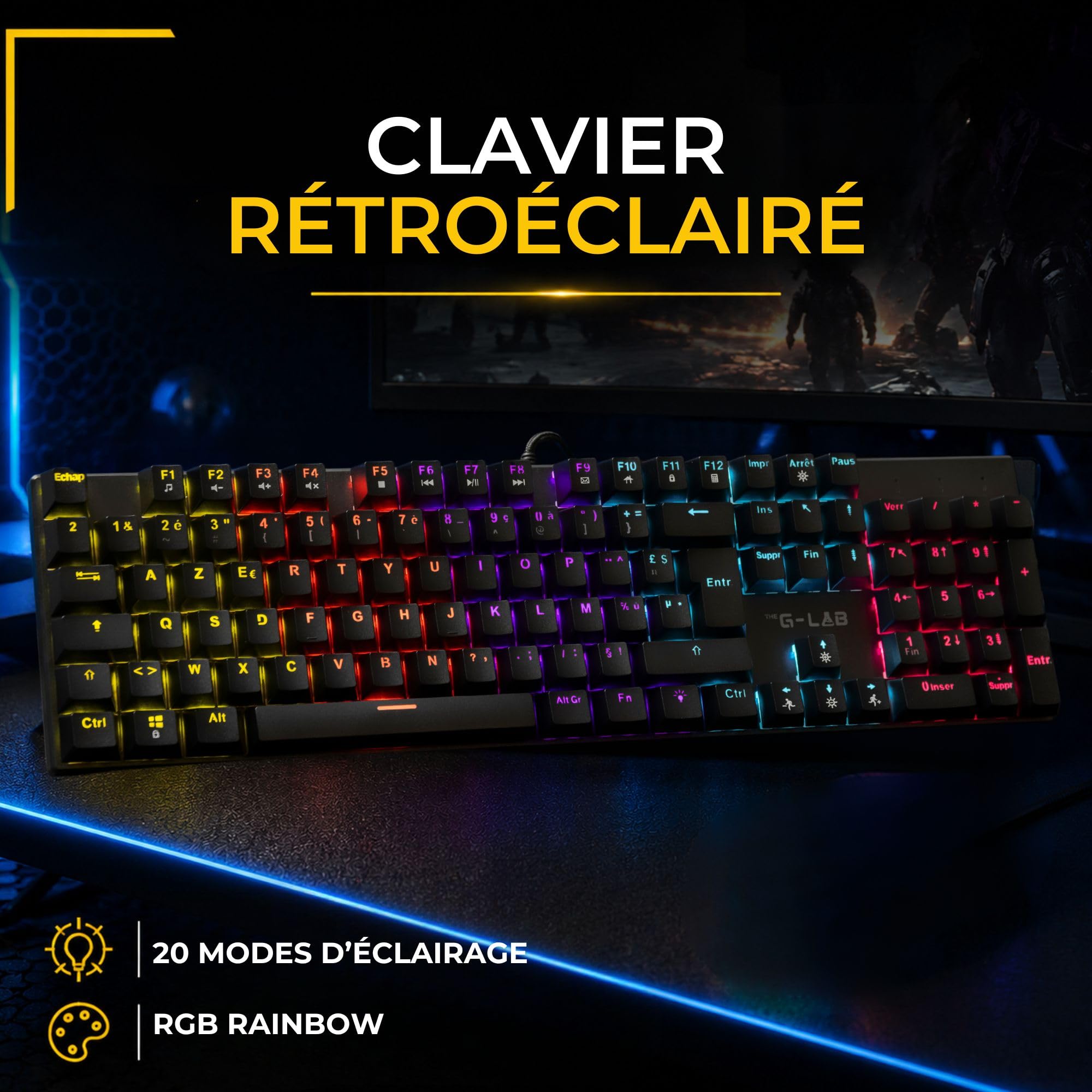 The G-Lab Keyz Radium - Clavier Gamer Mécanique Red Switch AZERTY FR | AZERTY FR, Filaire, Switch Rouge Linéaire, Anti-Ghosting 26 Touches, Rétroéclairage Rainbow 20 Modes, PC/PS4/PS5/Xbox